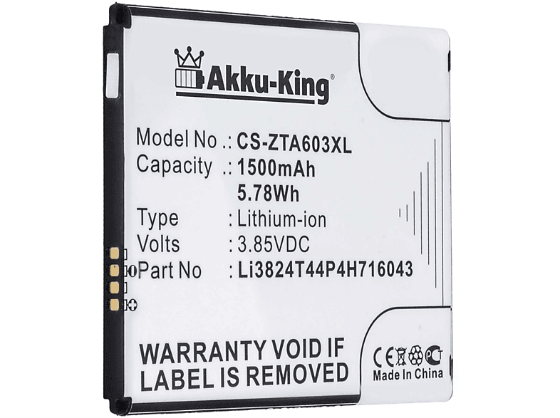 Handy-Akku, Volt, AKKU-KING Akku mit Li3824T44P4H716043 3.85 Li-Ion kompatibel 1500mAh ZTE