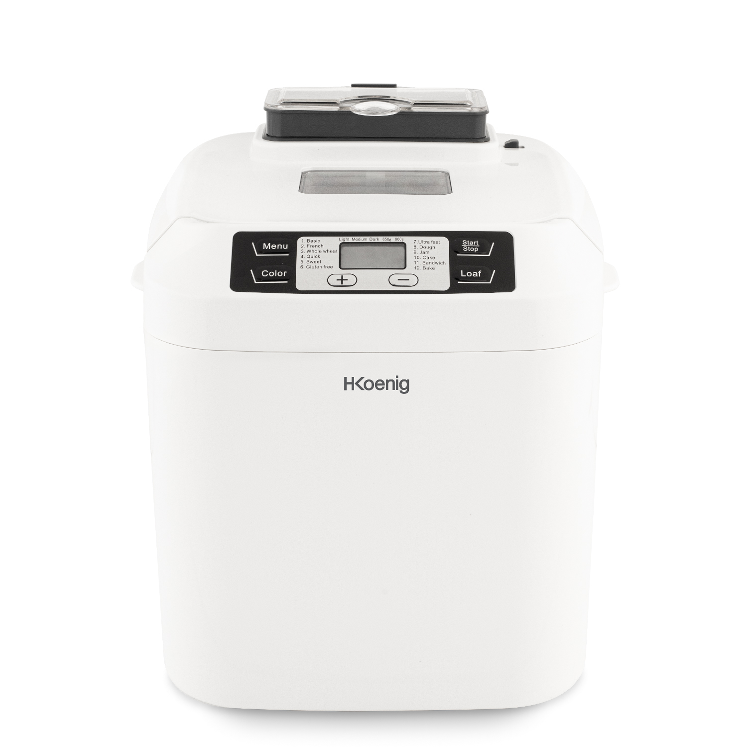 Biała maszyna do pieczenia chleba z wyświetlaczem cyfrowym, przyciskami sterowania i etykietą HKoenig.