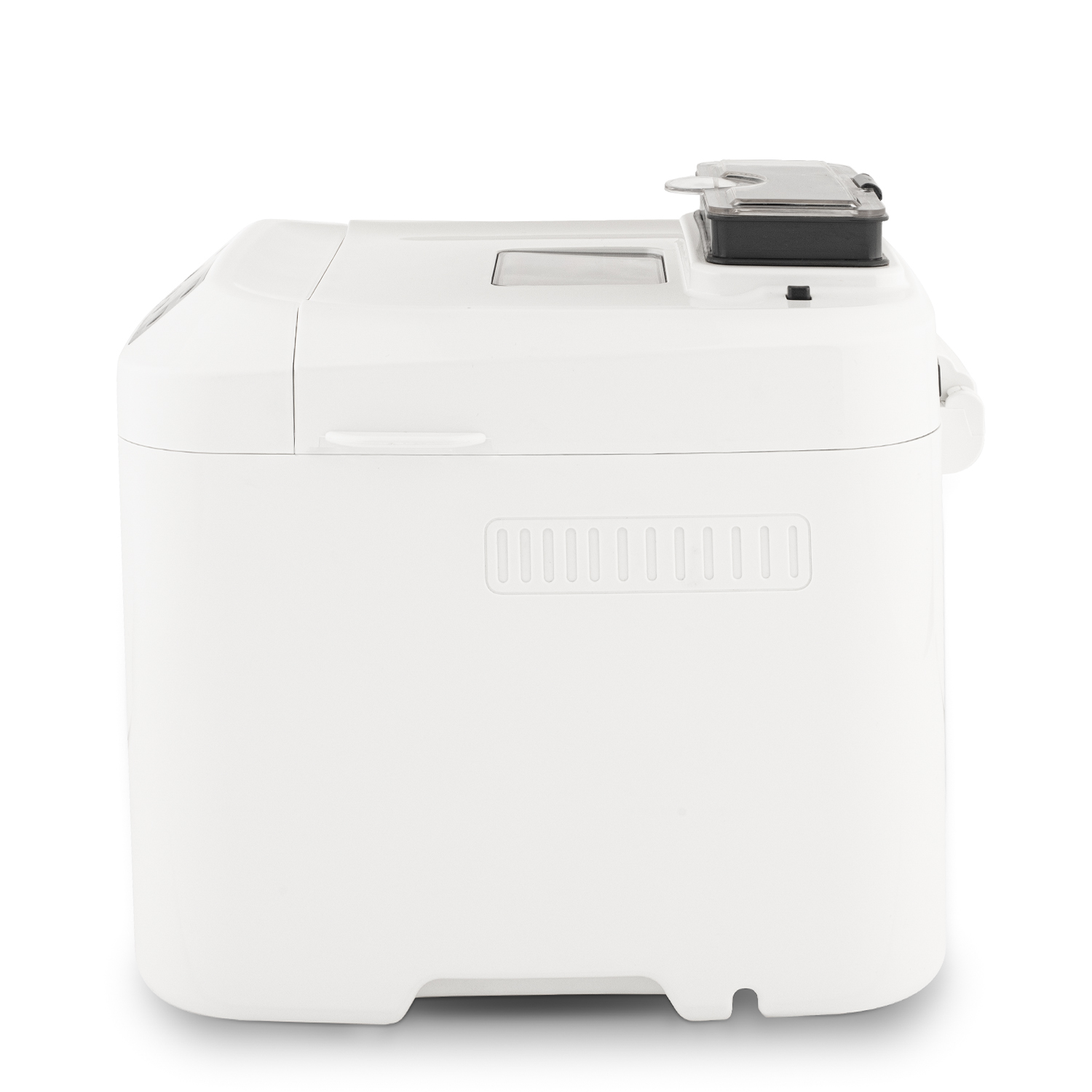 Biała maszyna do chleba, zamknięta, z małą górną komorą. Białe tło.