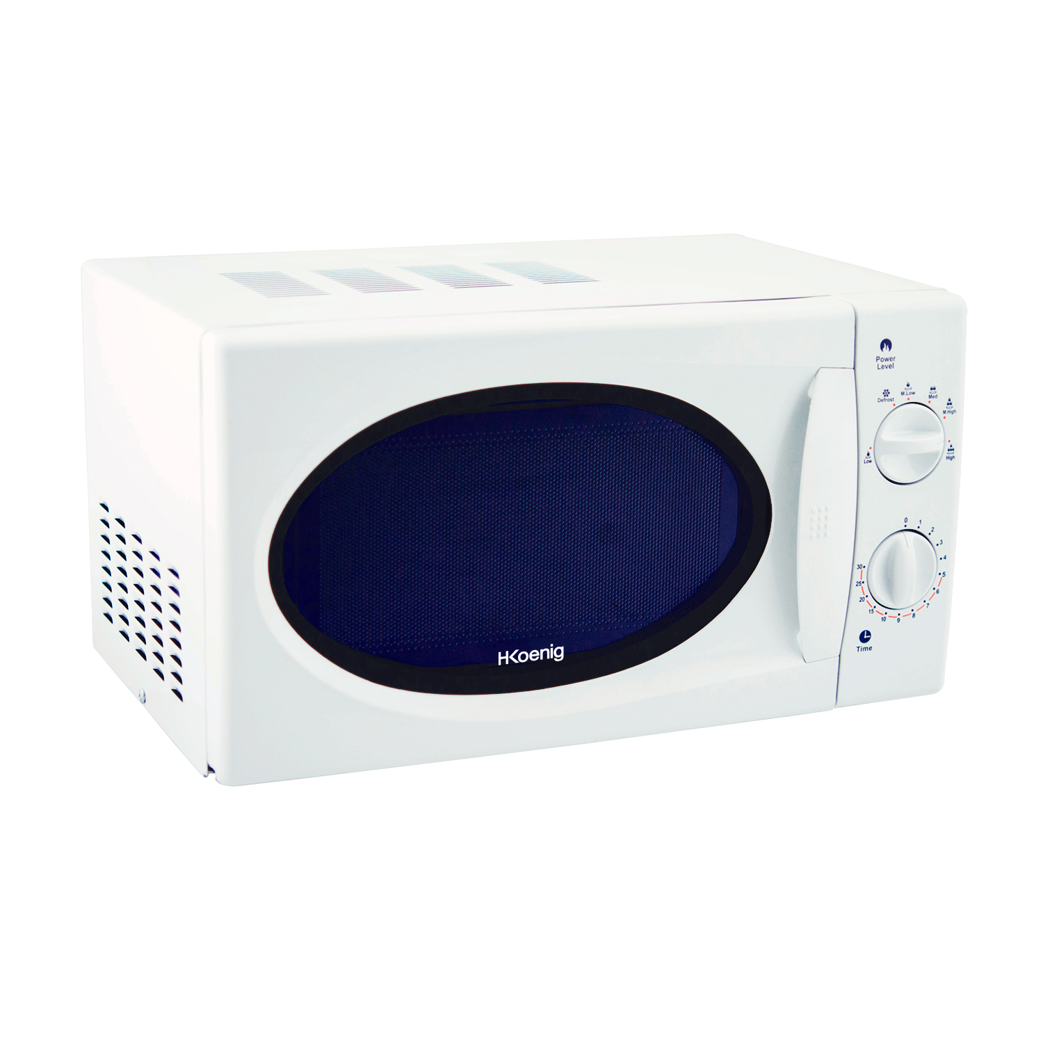 Biała kuchenka mikrofalowa z niebieskim wnętrzem. Widoczna nazwa marki HKoenig.