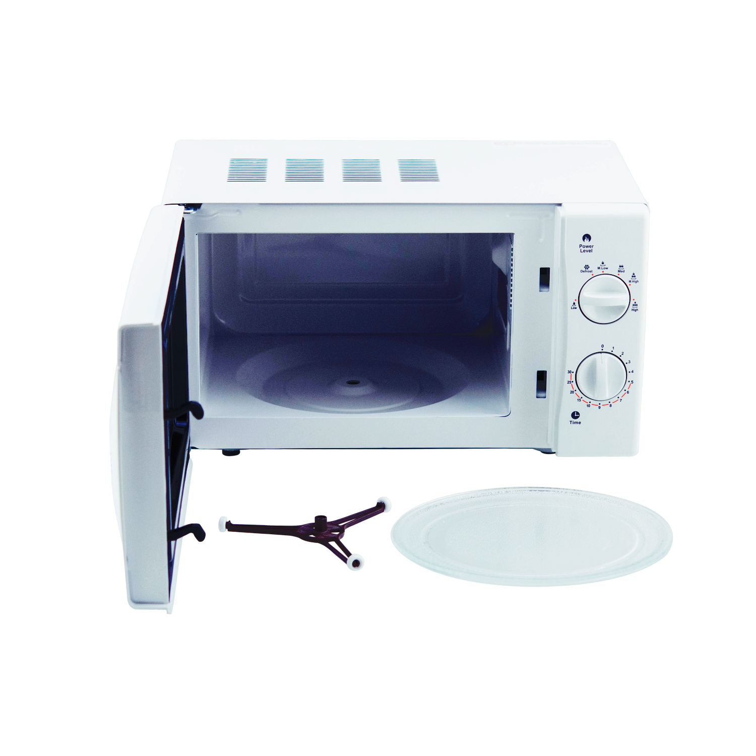 Biała kuchenka mikrofalowa z otwartymi drzwiami, szklanym talerzem i obrotową podstawą.