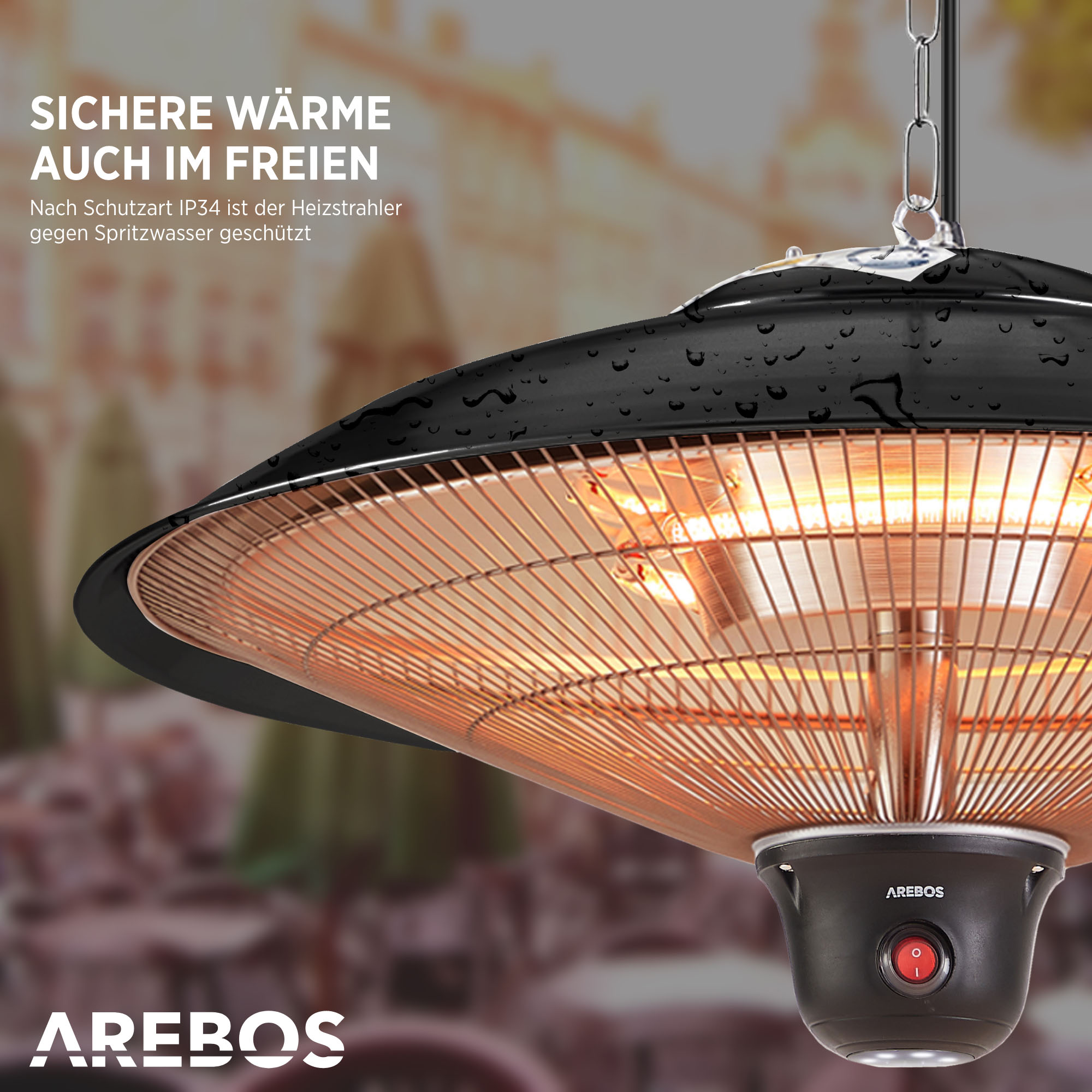 LED-Lampe | rund mit AREBOS | (2000 Infrarotheizstrahler Heizstufen Fernbedienung Watt) + Deckenheizstrahler 3