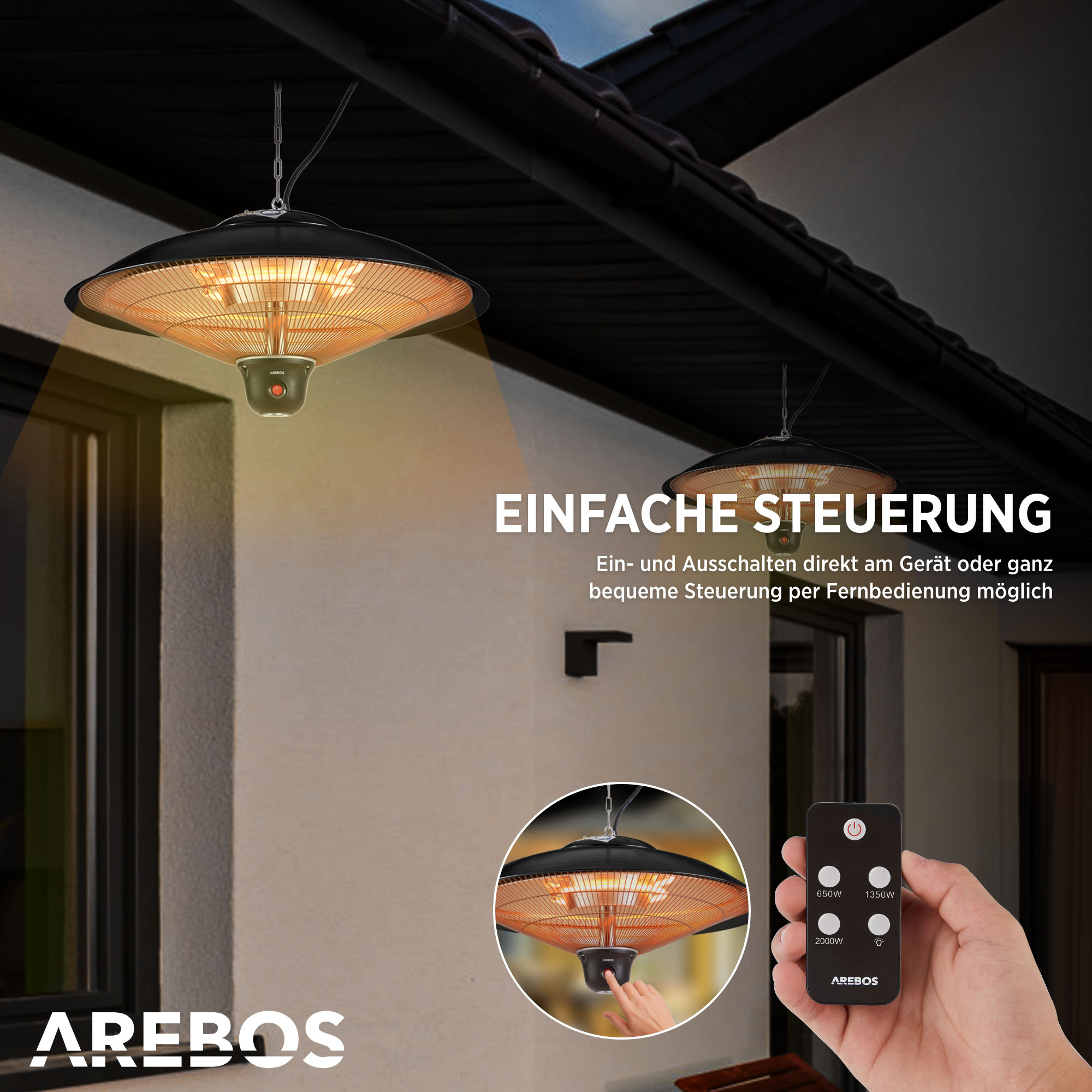 LED-Lampe + Fernbedienung AREBOS 3 rund Infrarotheizstrahler (2000 | Deckenheizstrahler Watt) mit Heizstufen |