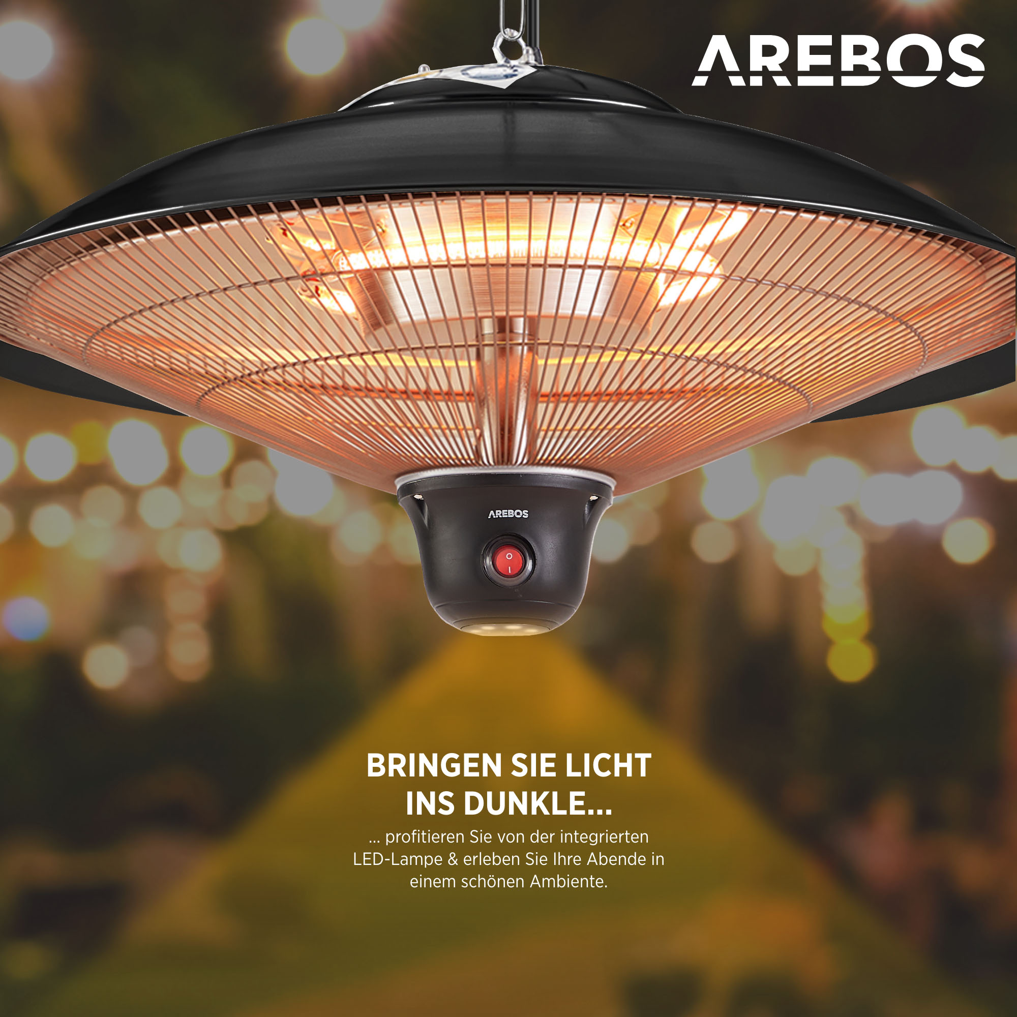rund Deckenheizstrahler Infrarotheizstrahler (2000 | | Watt) AREBOS mit 3 LED-Lampe Heizstufen Fernbedienung +