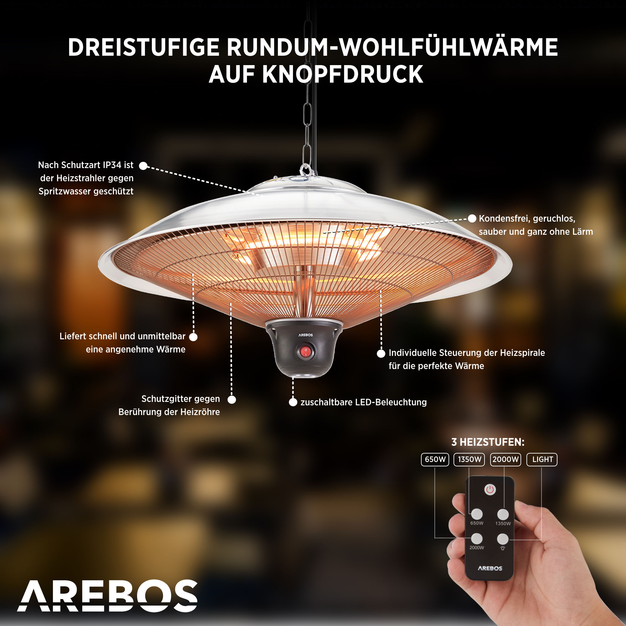 + Watt) | Silber 3 AREBOS Heizstufen rund mit 2000W Fernbedienung Deckenheizstrahler (2000 | LED-Lampe