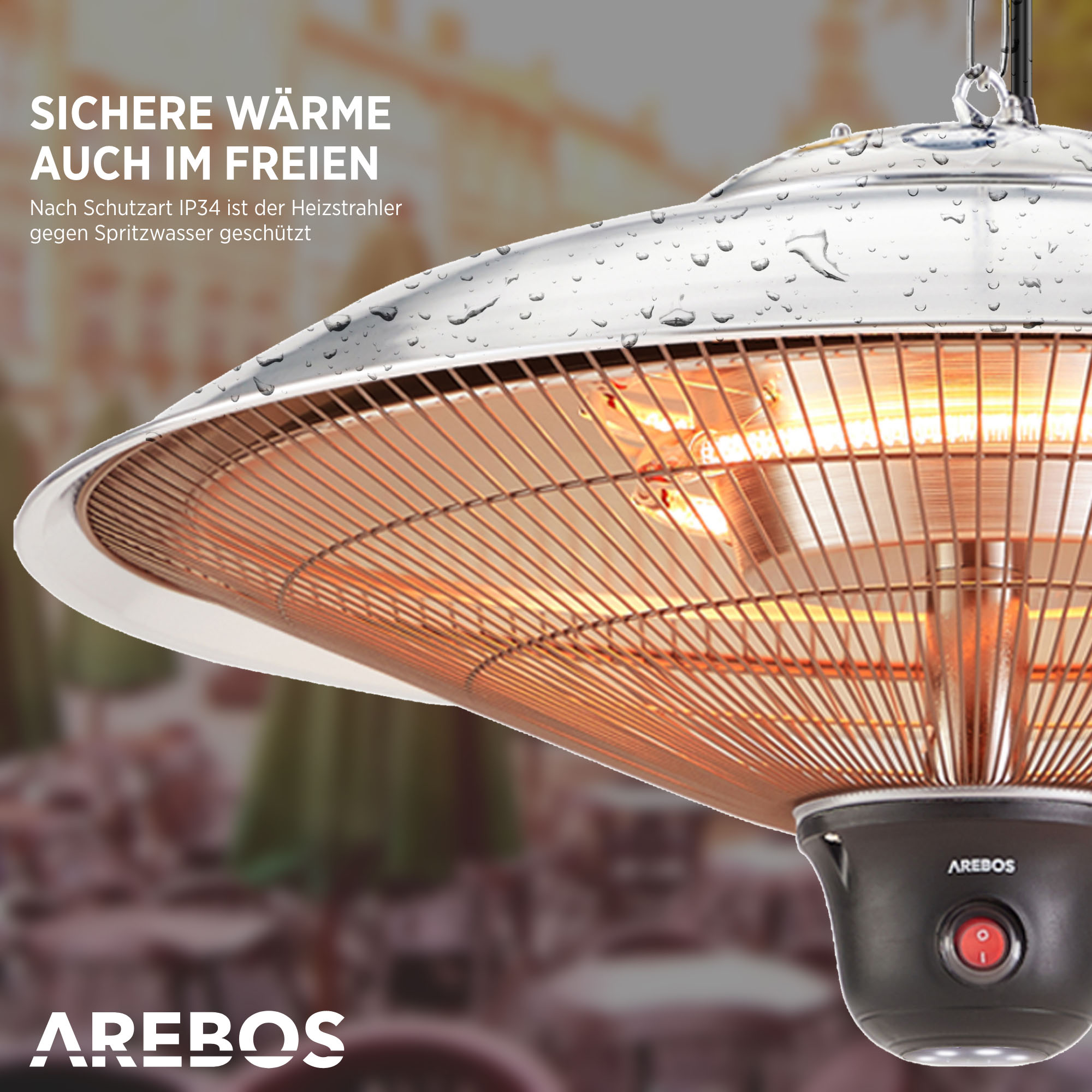 AREBOS 3 Heizstufen (2000 Deckenheizstrahler 2000W rund Silber mit + | Fernbedienung LED-Lampe | Watt)