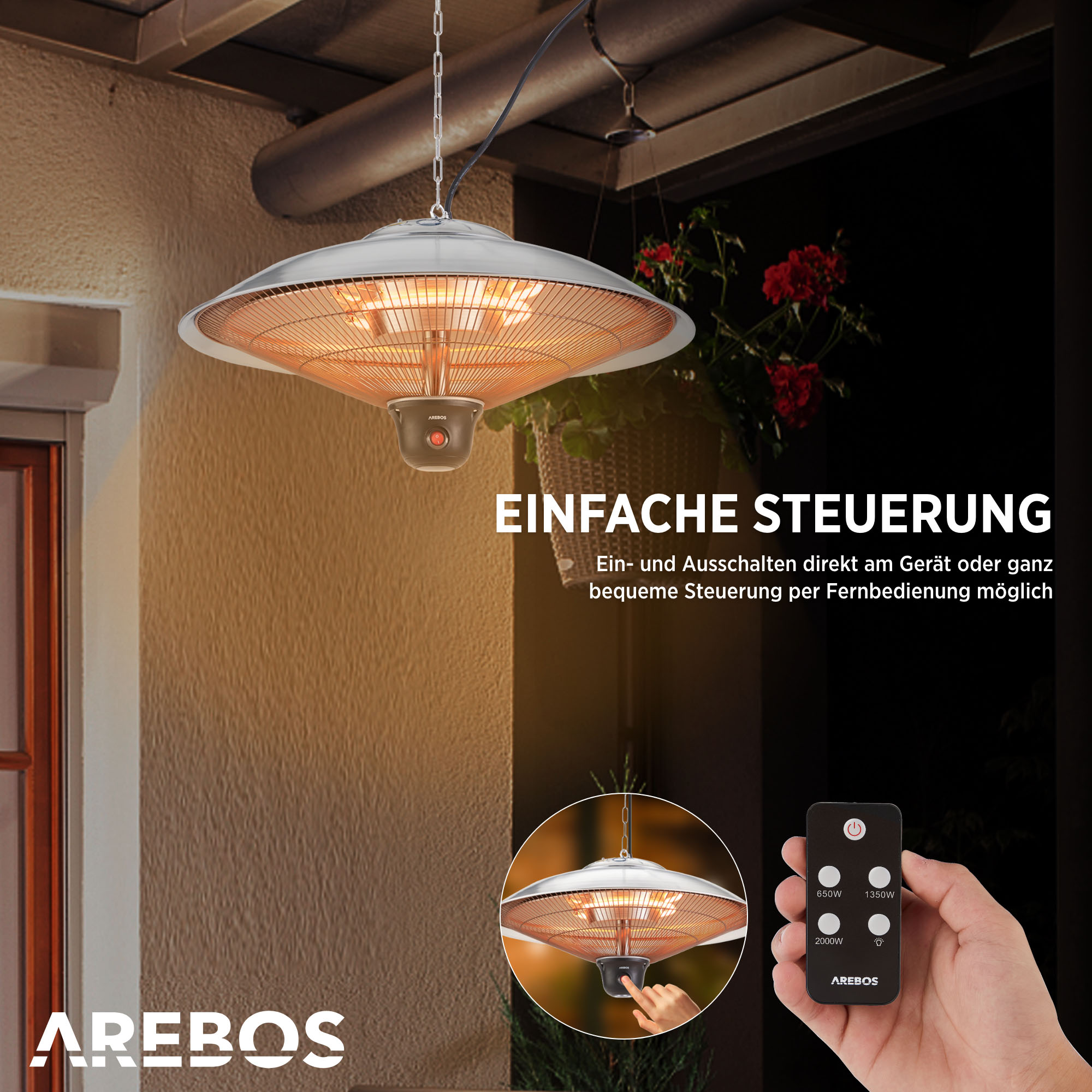 Ein hängender silberner Heizstrahler für den Außenbereich mit Fernbedienung und Text, auf dunklem Hintergrund.