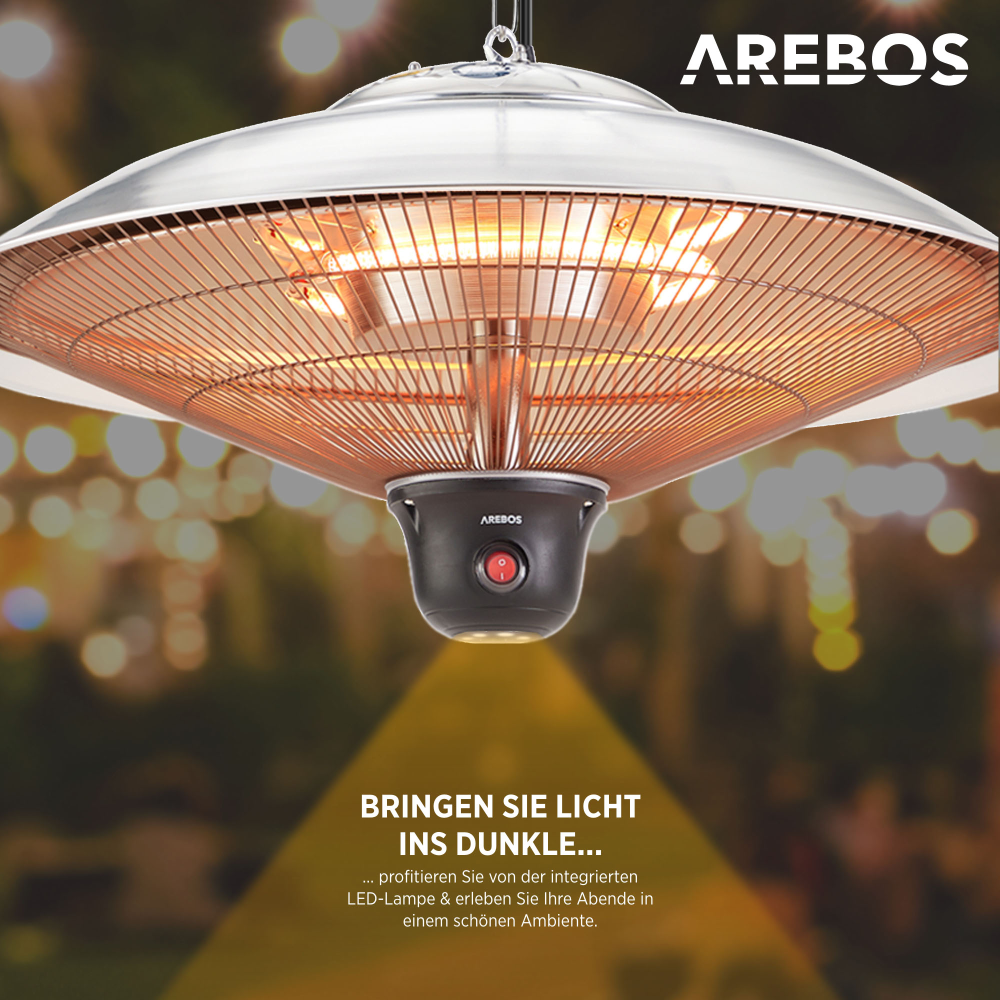 rund 2000W | 3 Fernbedienung | mit AREBOS Silber LED-Lampe Deckenheizstrahler Heizstufen Watt) (2000 +