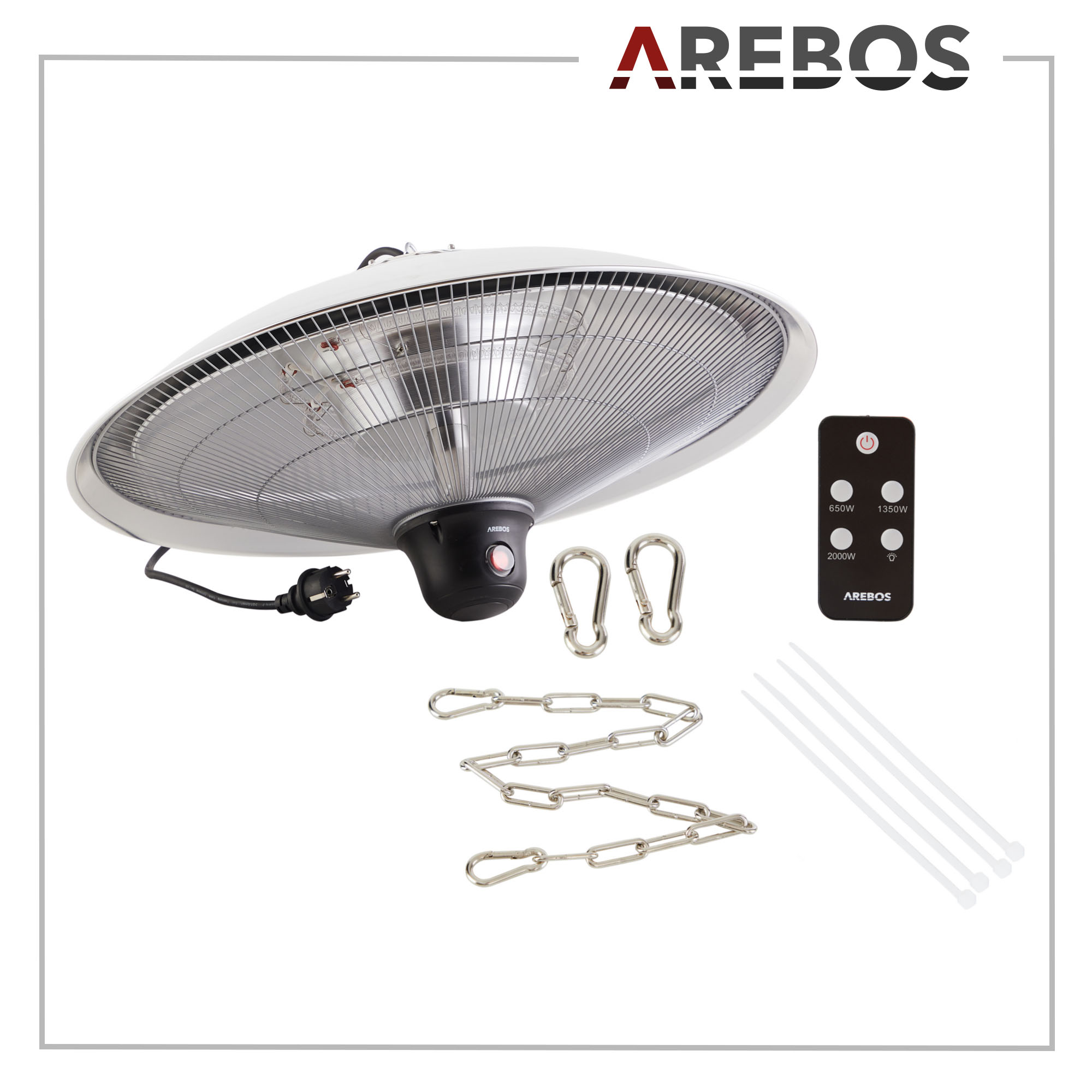 Ein weißer AREBOS-Heizstrahler mit Zubehör.