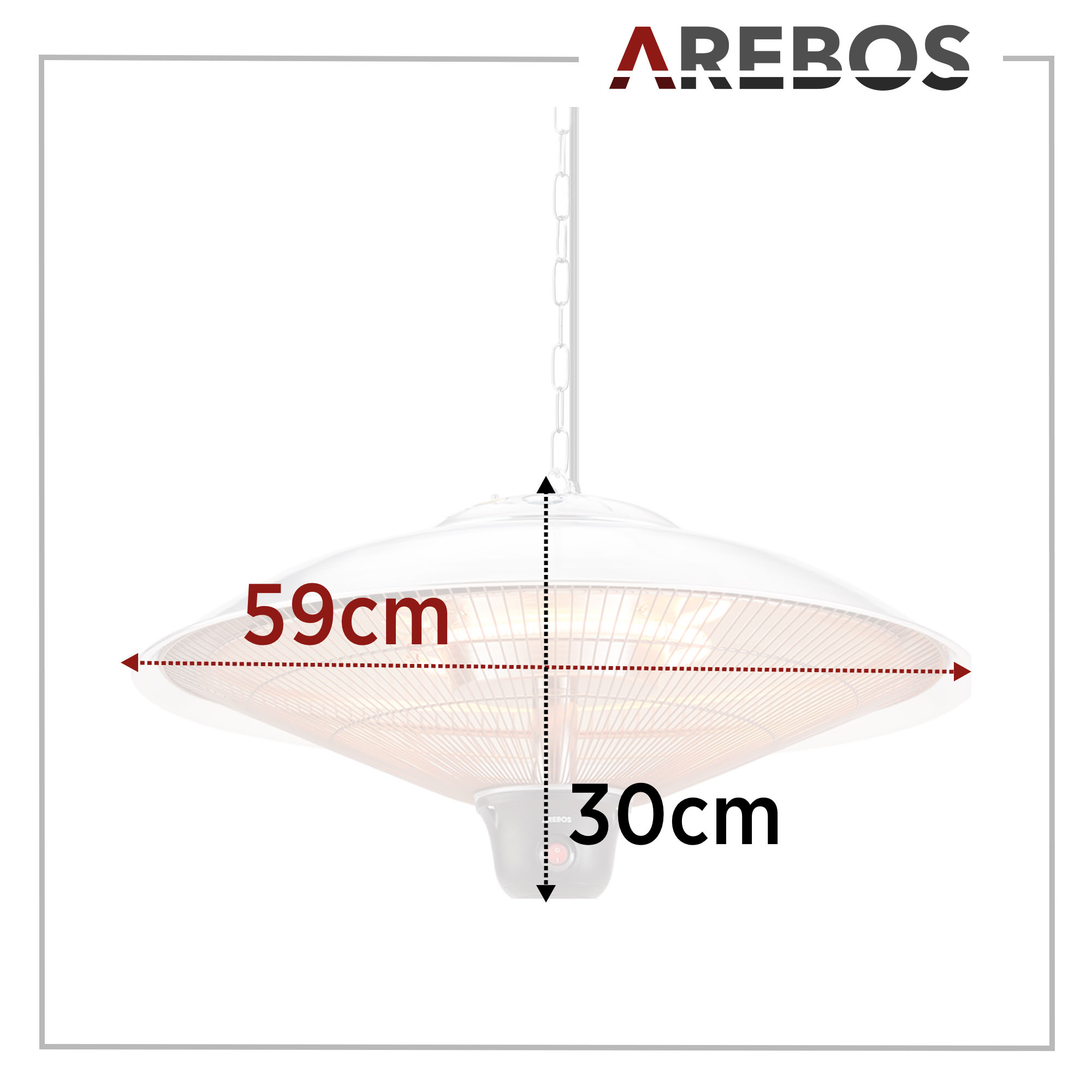 Weißer Arebos Infrarot-Heizstrahler. Abmessungen: 59cm breit, 30cm hoch. Der Strahler ist rund und hat ein Metallgitter.