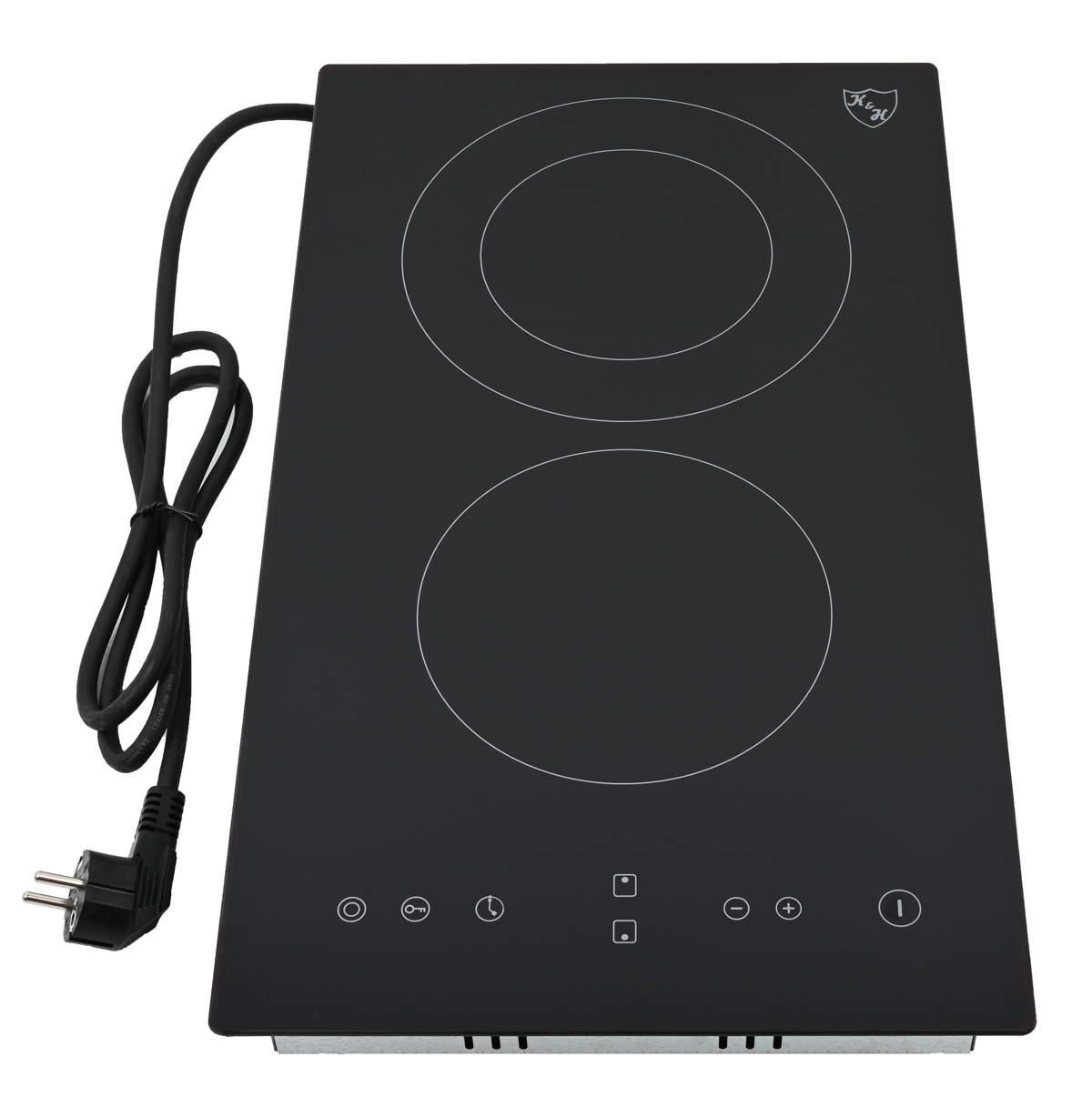 Schwarzes Elektrokochfeld mit zwei kreisförmigen Kochfeldern. Es hat Touch-Bedienelemente und ein Netzkabel.