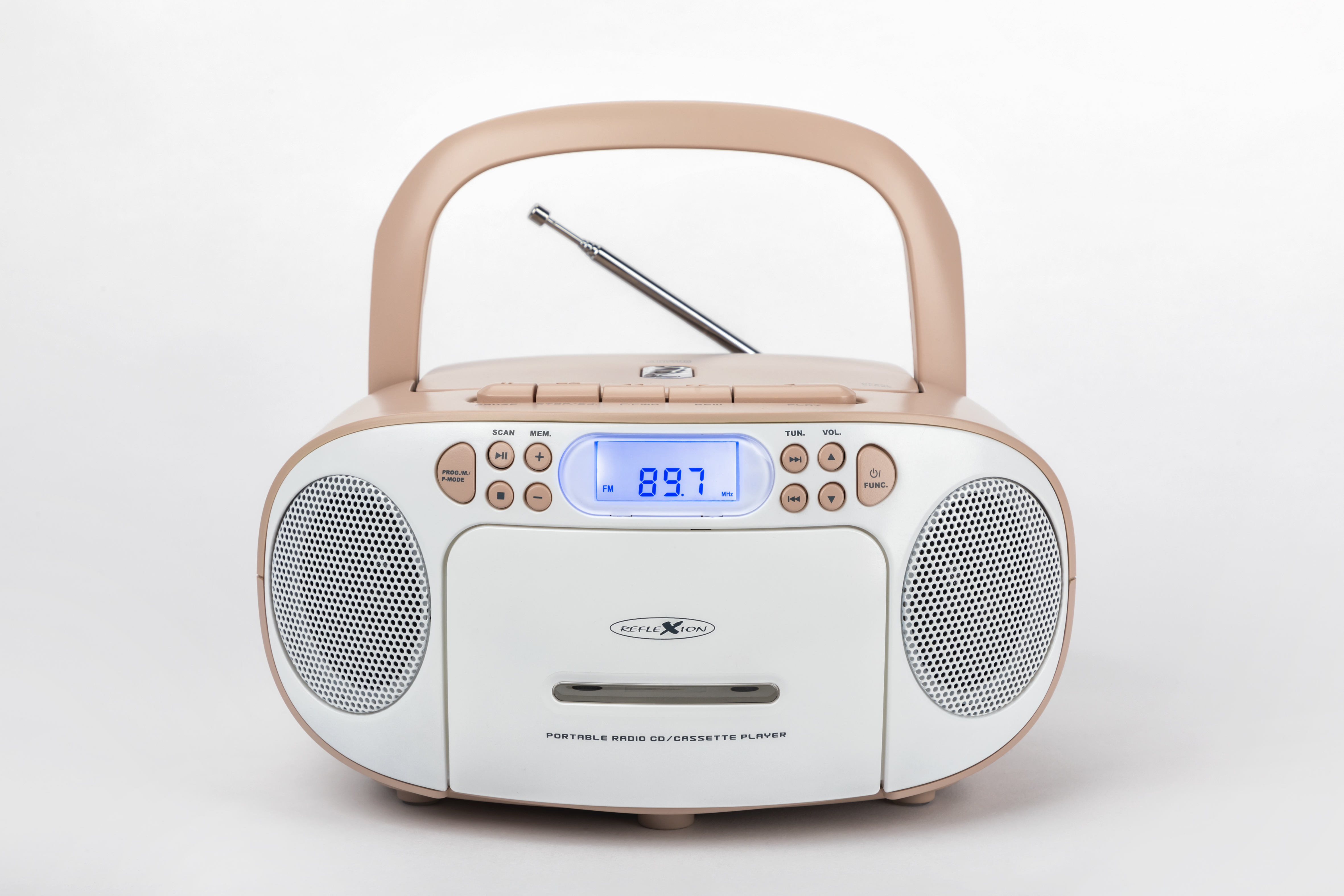 Ein weiß-rosa tragbares Radio mit Griff und Digitalanzeige, die 89,7 zeigt.