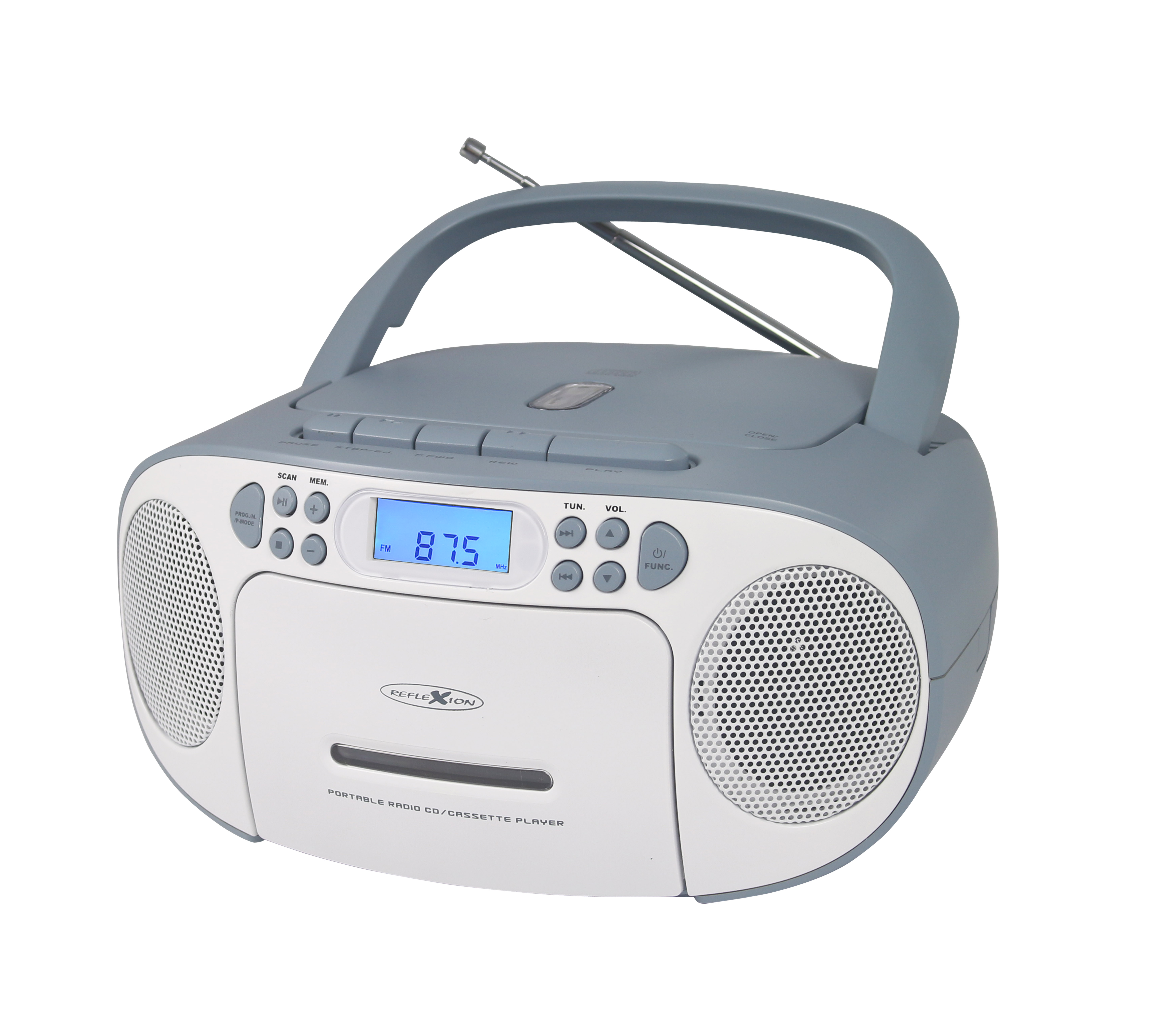 CD-Player Tragbarer weiß/blau RCR-2260 FM mit Kassettendeck BL Radio, REFLEXION und