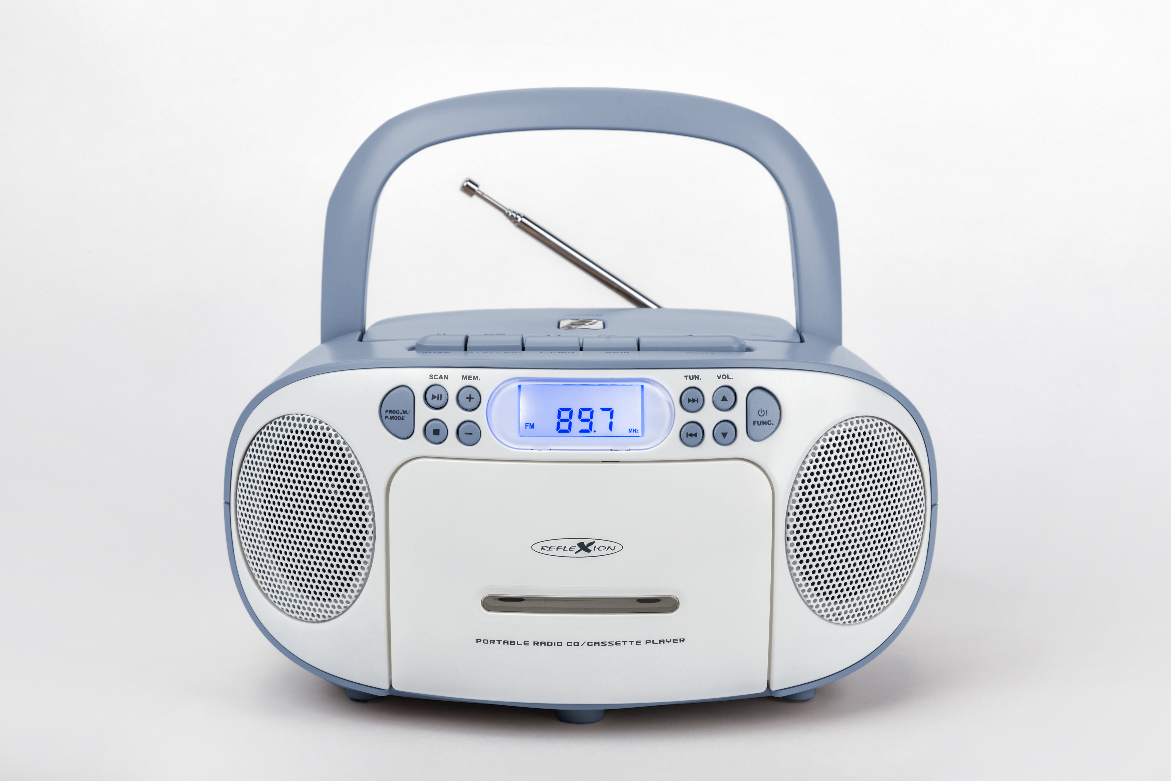 Ein blau-weißes Ghettoblaster-Radio mit Digitalanzeige und Antenne.