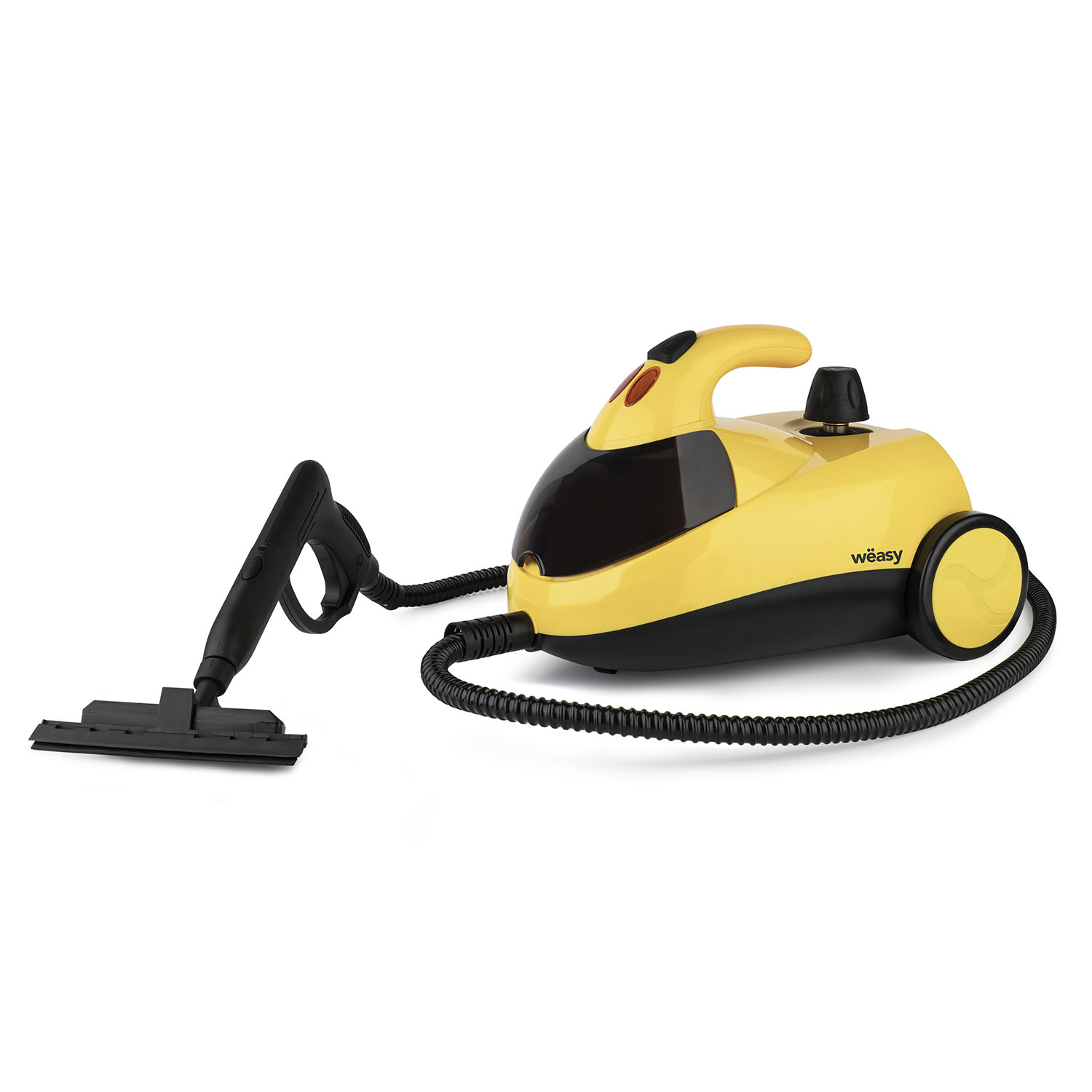 Żółto-czarna myjka parowa z akcesoriami.