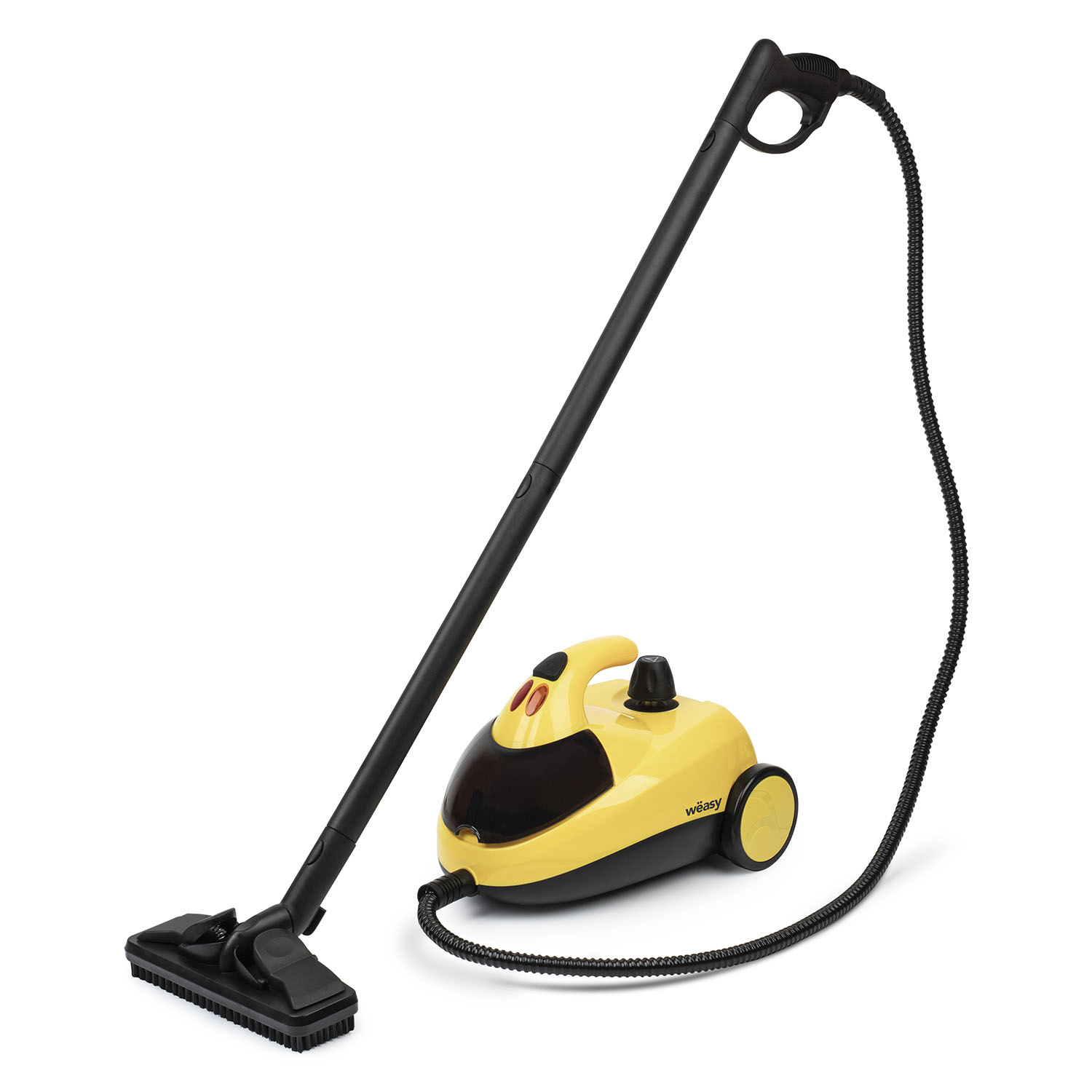 Żółto-czarny czyścik parowy na białym tle, z czarnym wężem i szczotką.