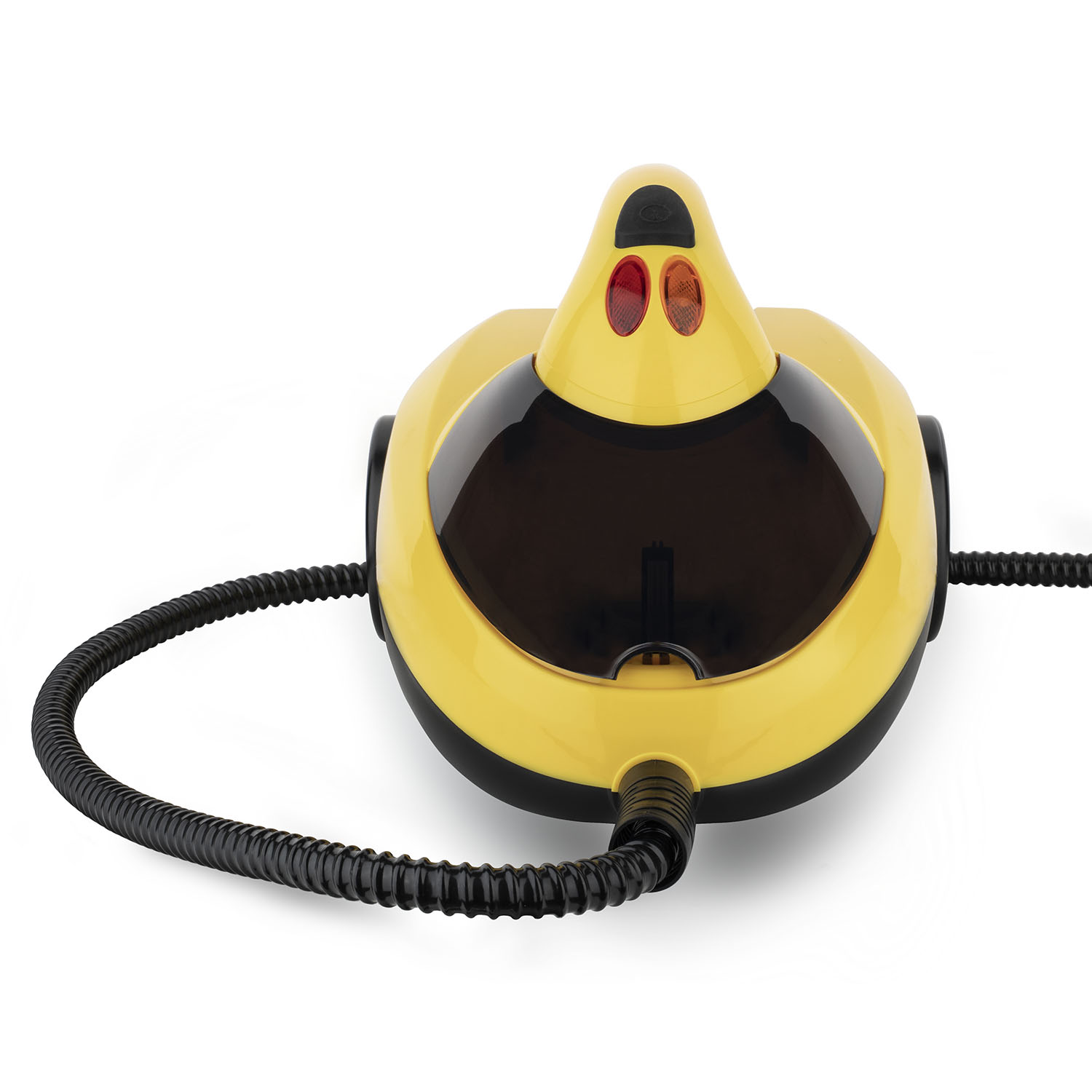 Żółto-czarny odkurzacz parowy. Czarna dysza. Widoczna nazwa marki HKoenig.