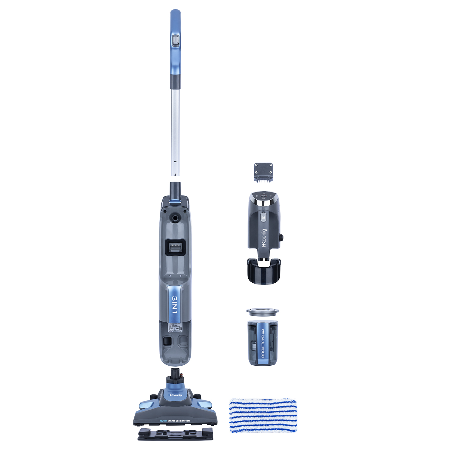 Aspirapolvere 3 in 1 smontato. Colori blu e grigio. Sfondo bianco.