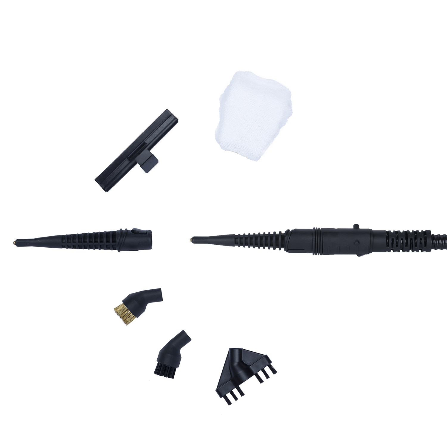 Accessori per pulitore a vapore disposti. Include spazzole, ugelli e un panno.