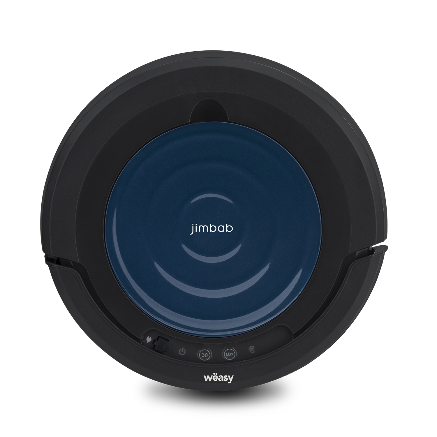 Czarny, okrągły odkurzacz robot z niebieskim środkiem i logo JimBab. Logo Weasy.
