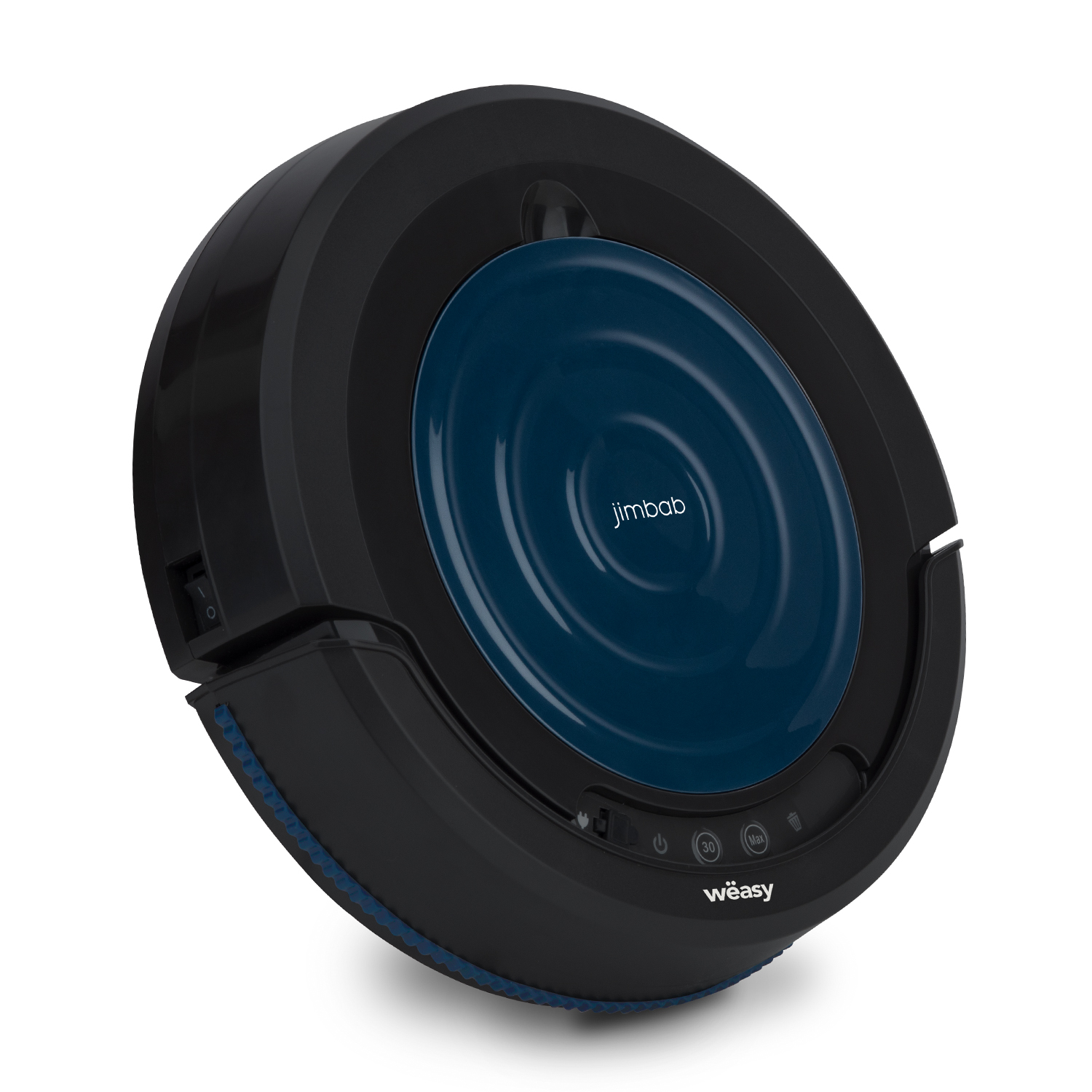 Czarny i niebieski odkurzacz robot. Ma niebieską część centralną i markę 'jimbab'.