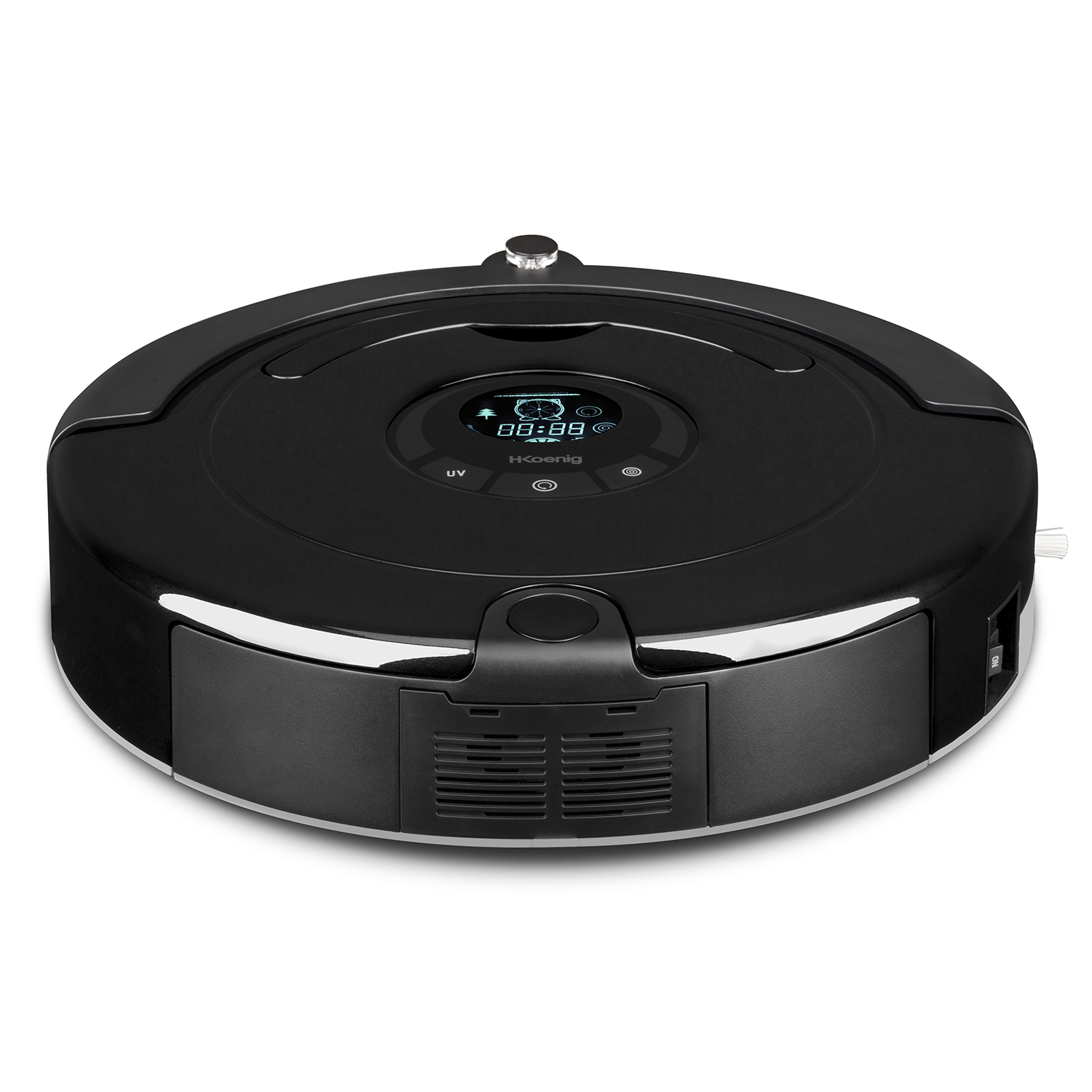 Czarny odkurzacz robot na białym tle, z cyfrowym wyświetlaczem czasu.