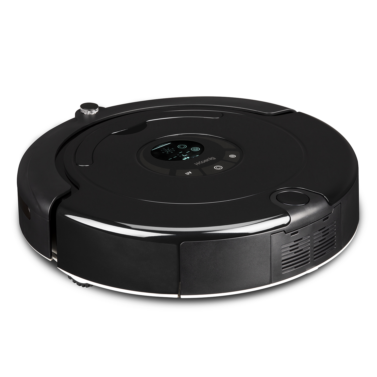 Czarny, okrągły odkurzacz robot ze ekranem i logo Hkoenig.