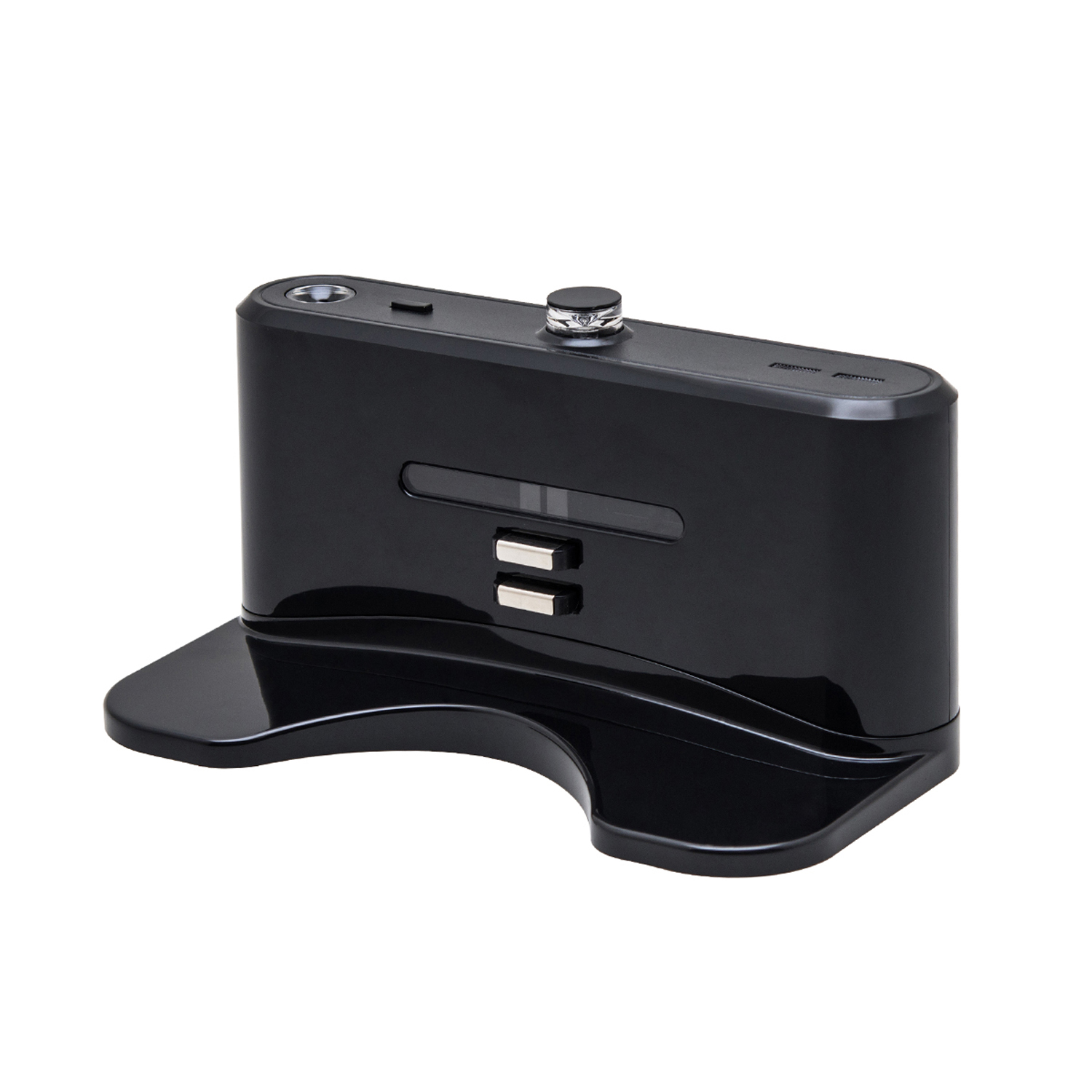 Czarna stacja ładująca do robota odkurzającego. To eleganckie, prostokątne urządzenie.