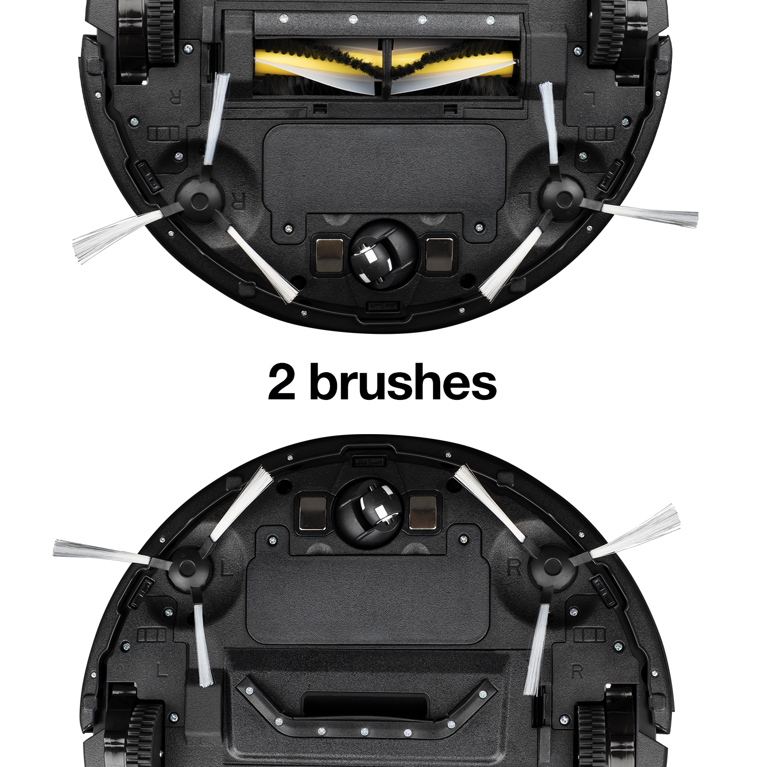 Zbliżenie dwóch szczotek robota odkurzającego. Tekst mówi: 2 szczotki. Białe tło.