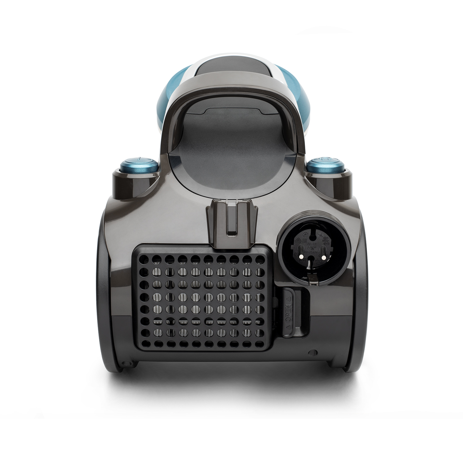 Czarno-szary odkurzacz. Posiada niebieskie przyciski i okrągły design.