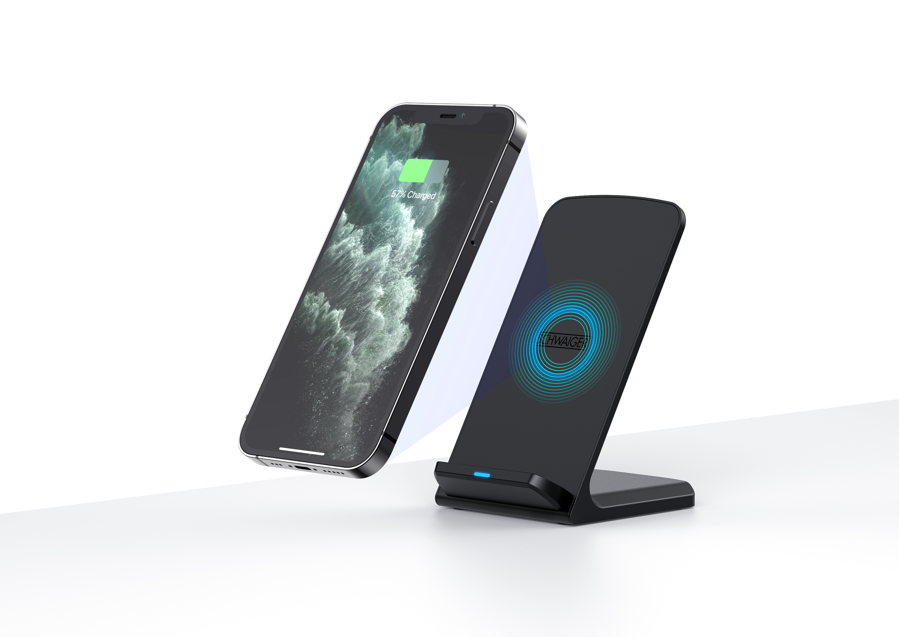 Ein schwarzes kabelloses Ladegerät mit einem Telefon, das darauf geladen wird. Das Telefon zeigt 83% geladen an.