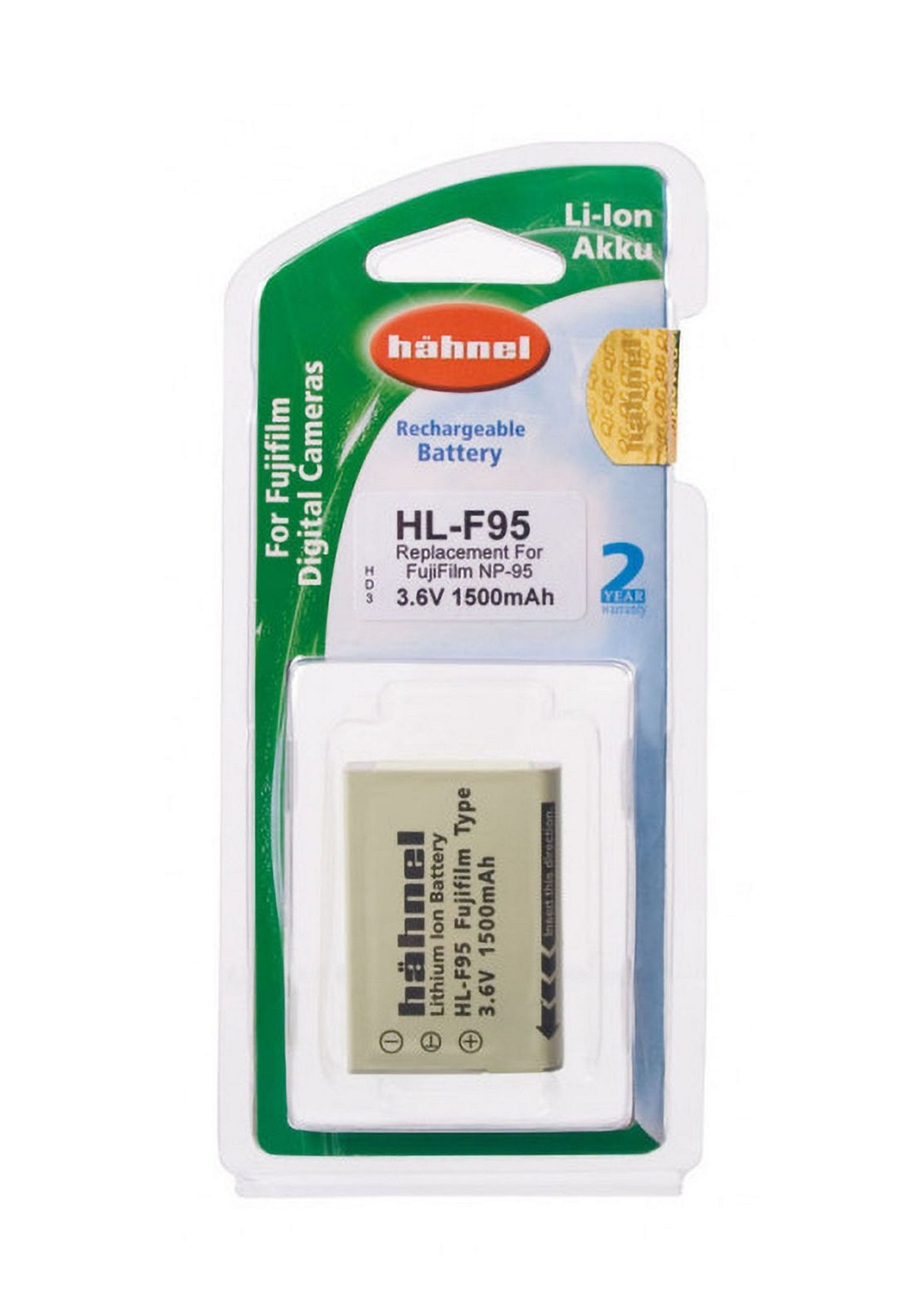 Eine Fujifilm Kamera Batterie in einer grün-weißen Verpackung.