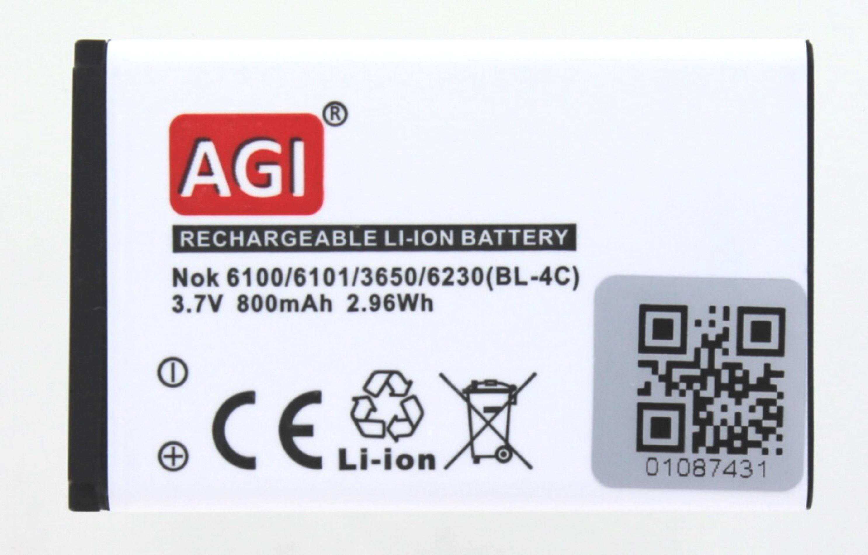 Weiße Batterie für Nokia-Telefon, mit Spezifikationen und Recycling-Symbol. Rotes AGI-Logo.