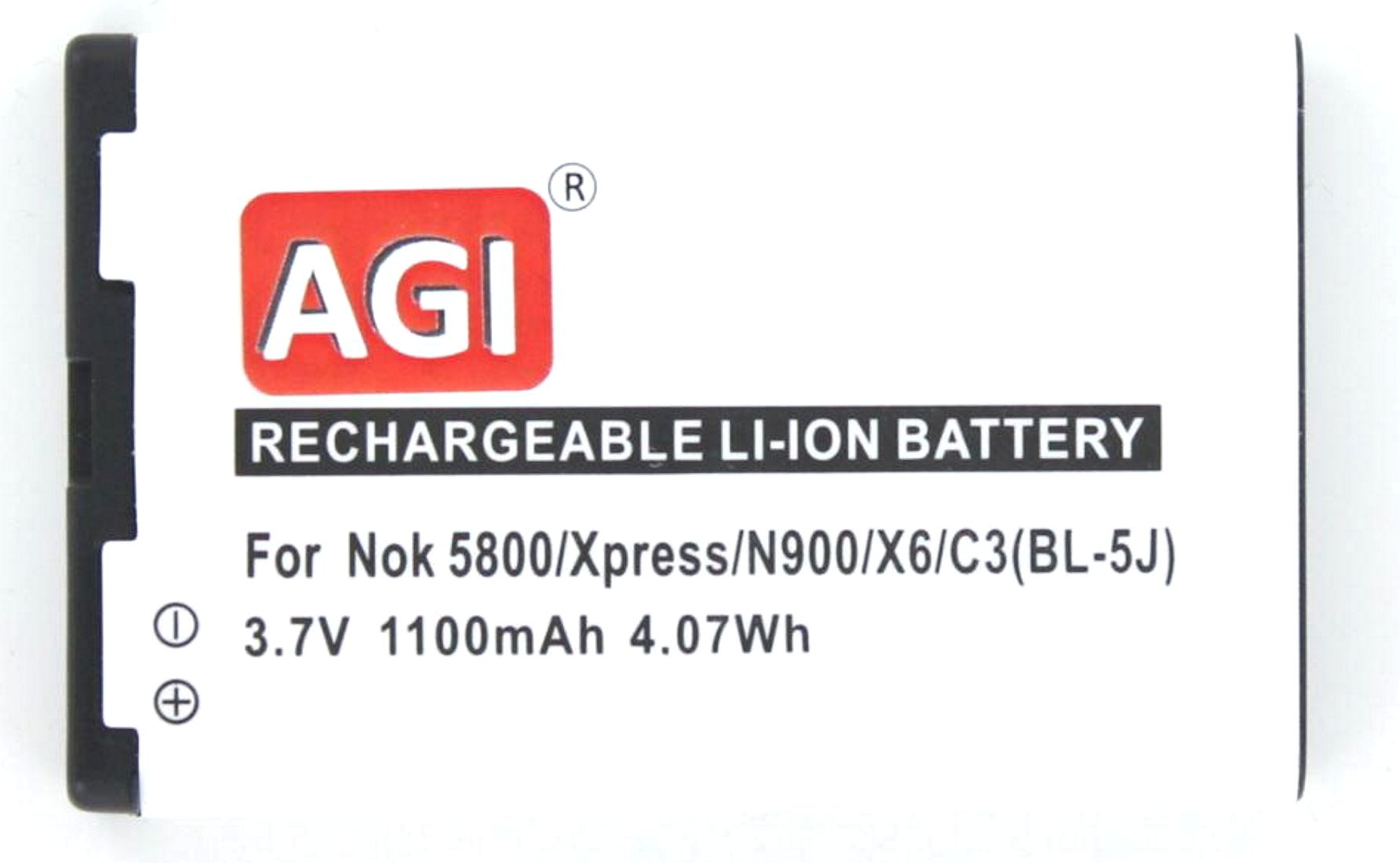 Ein weißer, wiederaufladbarer Lithium-Ionen-Akku mit AGI und Text darauf, für Nokia-Telefone.