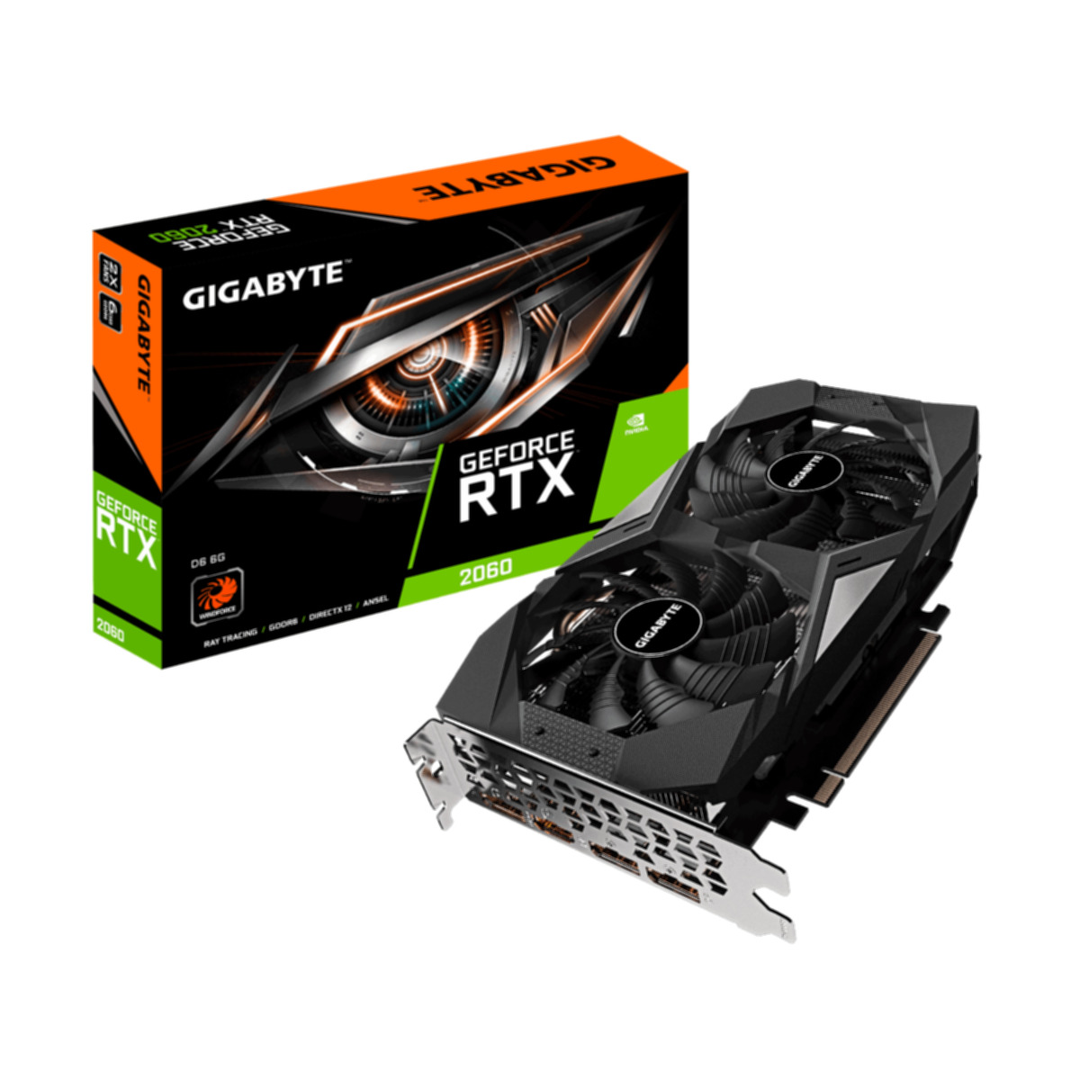 Karta graficzna i pudełko: czarna karta z wentylatorami, pomarańczowe pudełko z logo i tekstem. Białe.