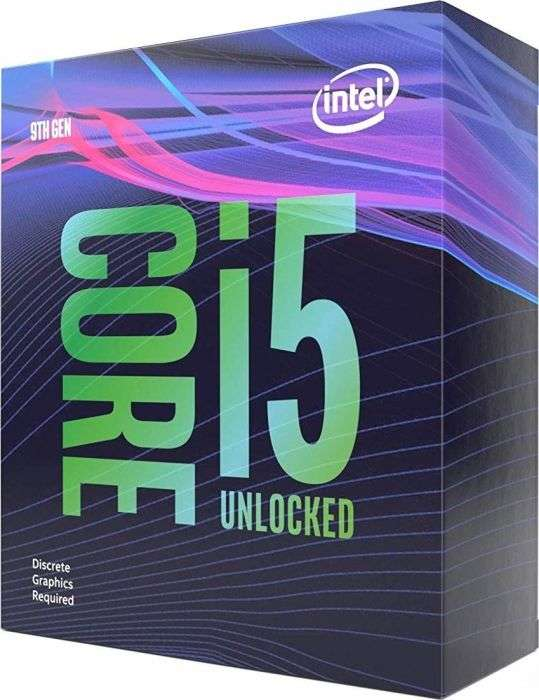 Pudełko procesora Intel Core i5, niebiesko-fioletowy design. Tekst zawiera Core i5 i Unlocked.