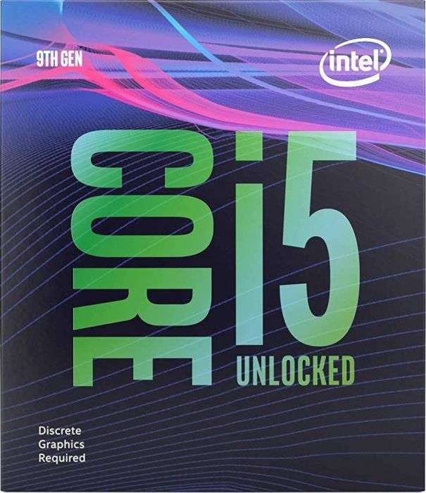 Pudełko procesora Intel Core i5, z zielonym i fioletowym tekstem na ciemnoniebieskim tle.