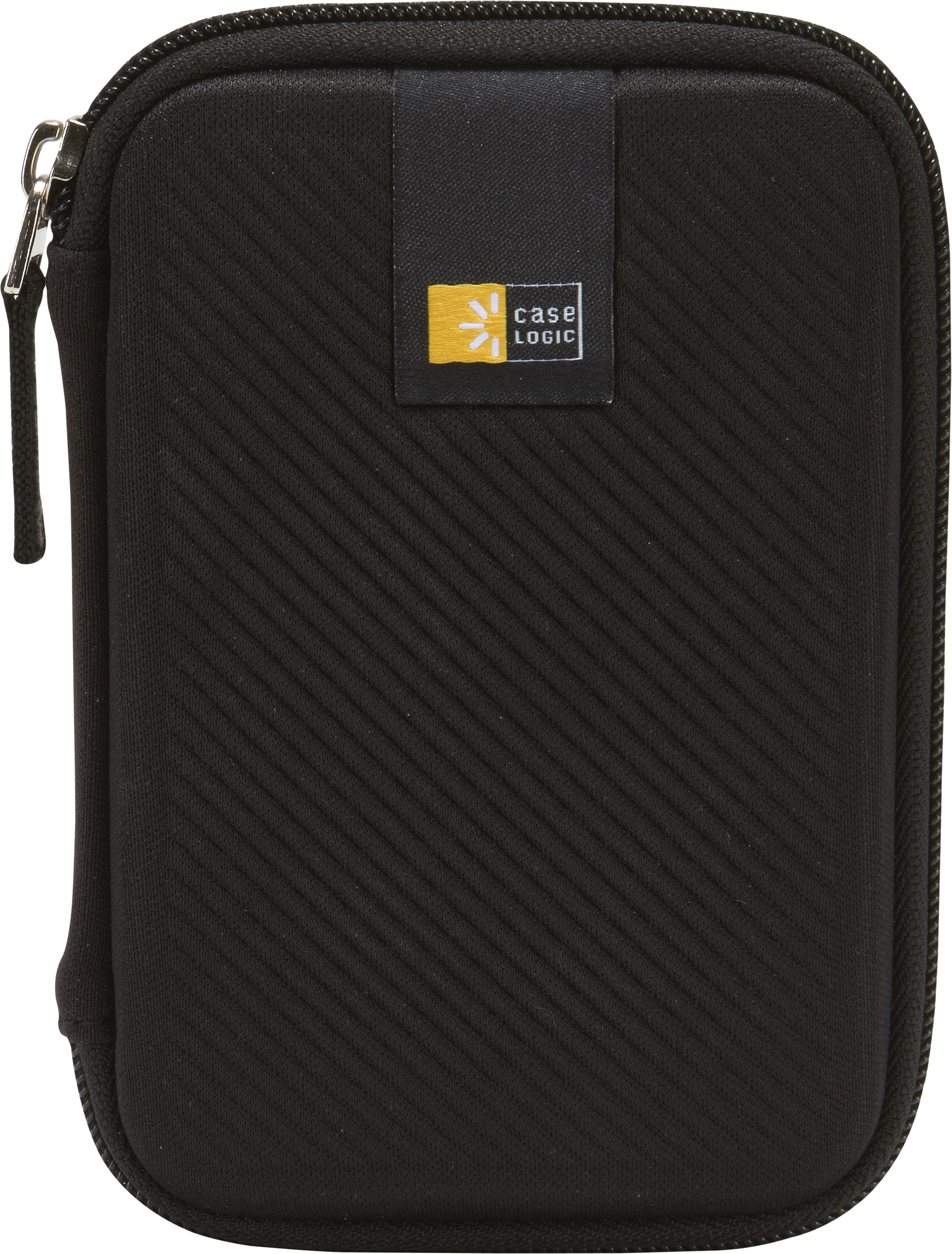 Ein schwarzes, strukturiertes Etui mit Case Logic-Etikett und Reißverschluss.