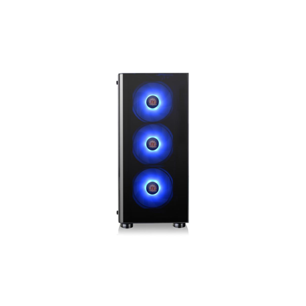 Case per computer nero con tre ventole a LED blu. Le ventole sono visibili dietro il pannello frontale.