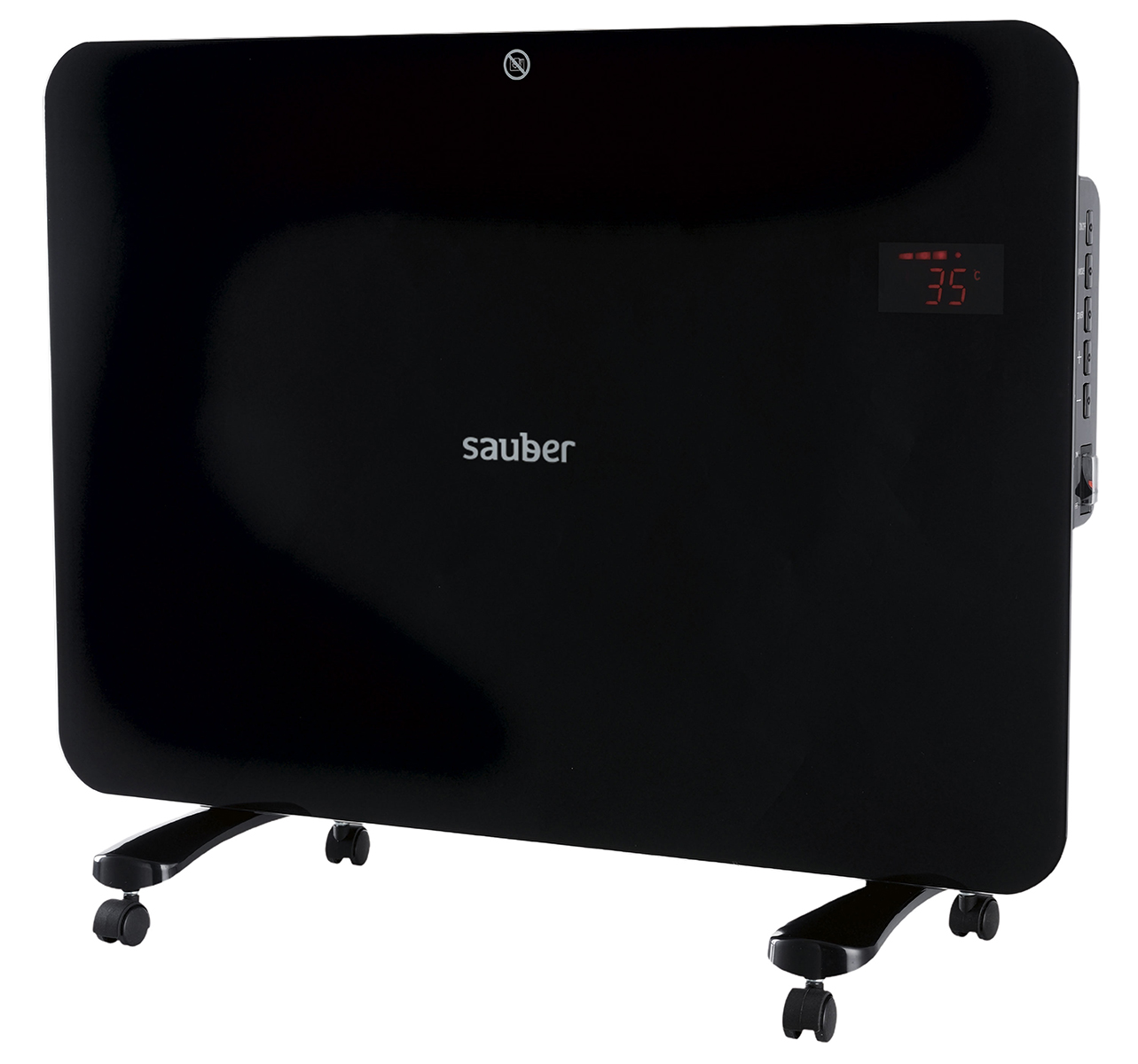 Un calefactor eléctrico negro con una pantalla digital que muestra 35. El calefactor tiene ruedas.