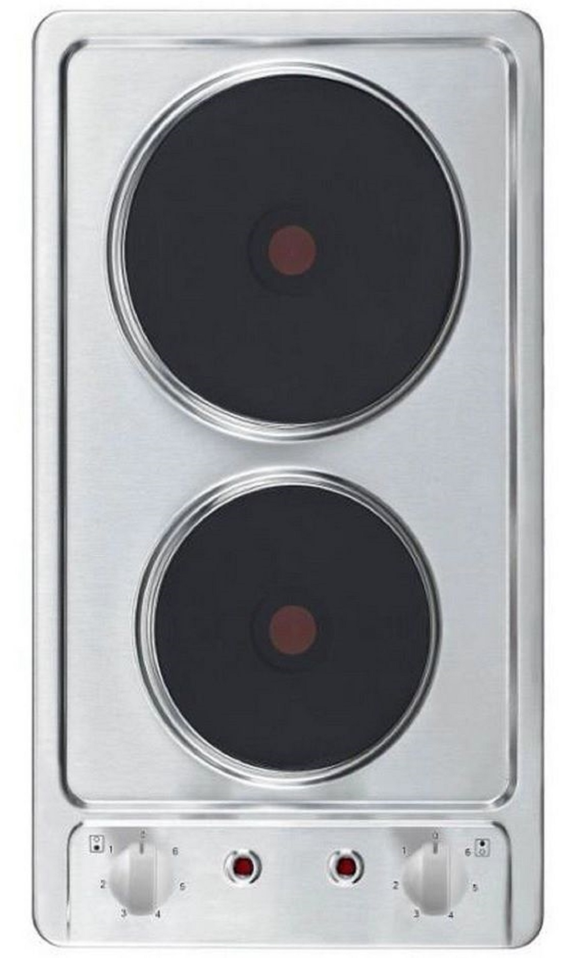 Ein elektrisches Kochfeld aus Edelstahl mit zwei schwarzen kreisförmigen Brennern und Bedienknöpfen.
