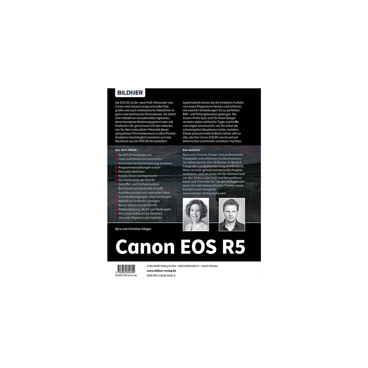 Buchcover mit Text über Canon EOS R5. Enthält Fotos von zwei Personen.