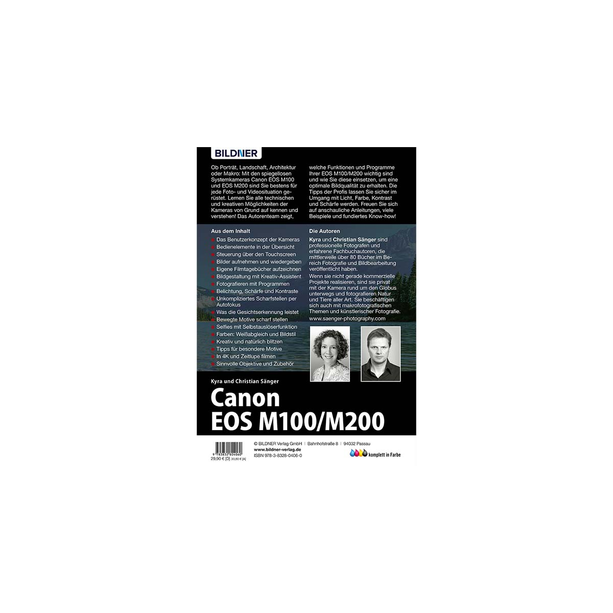 Ein Buchcover mit Text und Bildern. Der Titel lautet 'Canon EOS M100/M200'. Fotos von zwei Personen werden gezeigt.