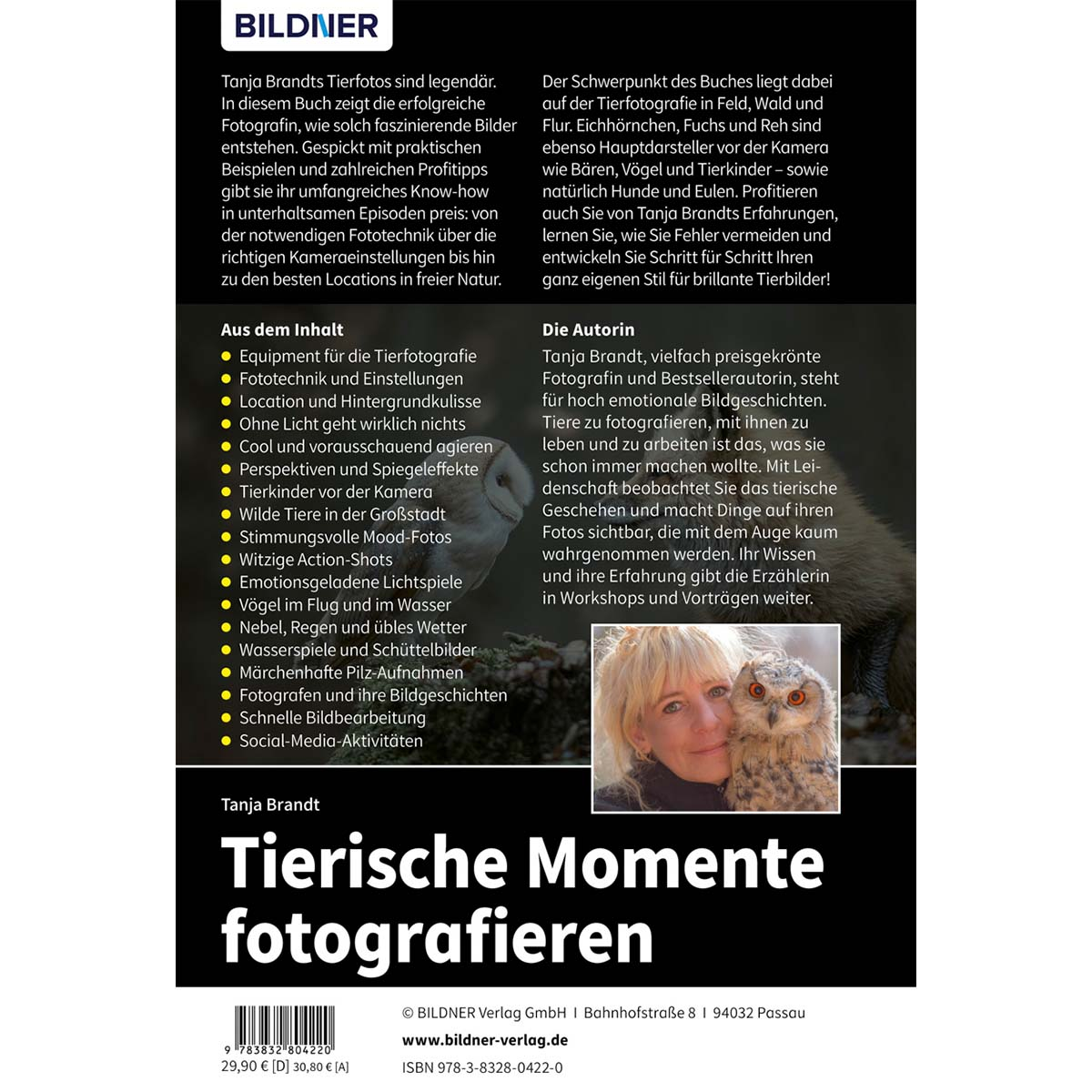 Buchcover von 'Tierische Momente fotografieren' mit Text, Foto von Frau und Eule.
