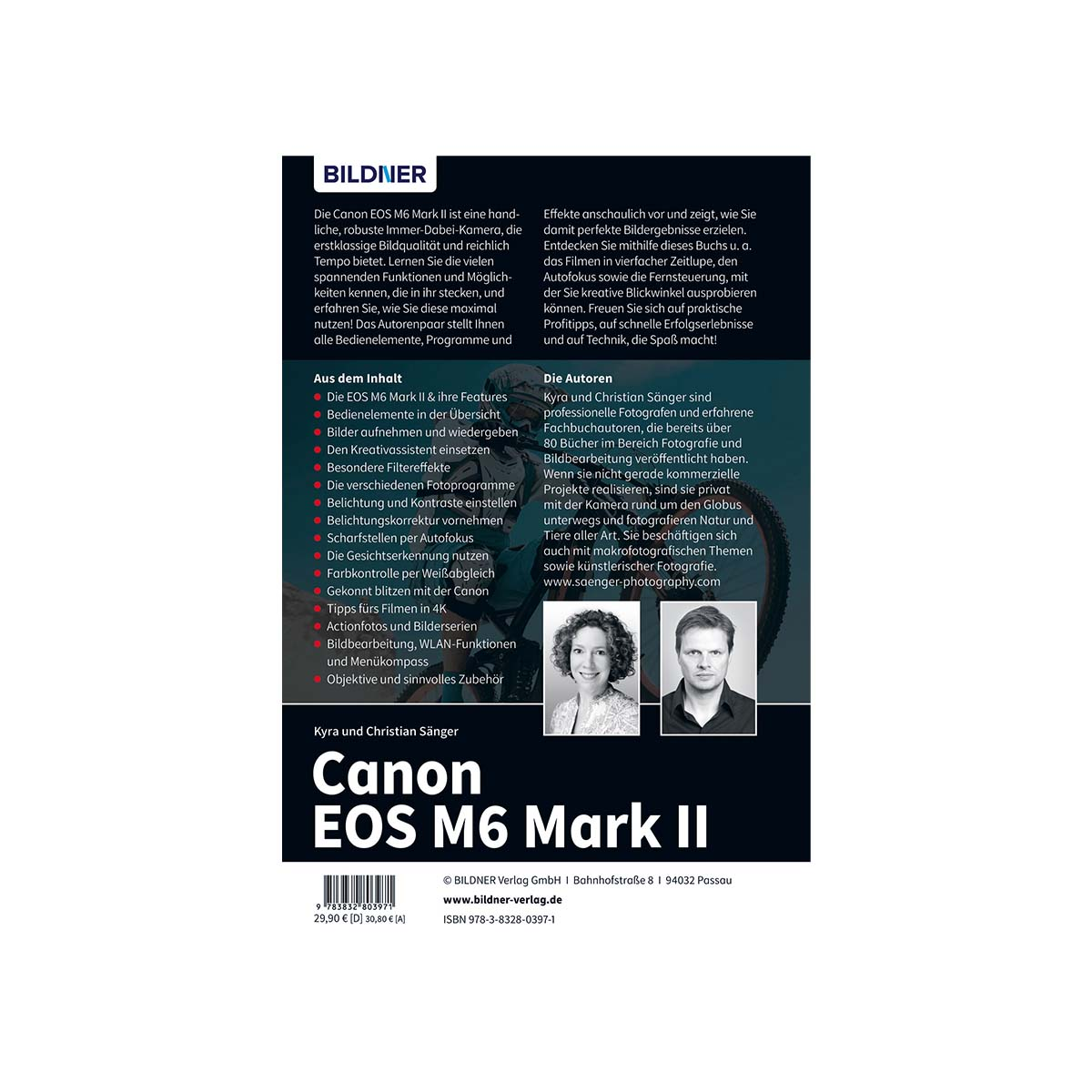 Buchcover mit Text über die Canon EOS M6 Mark II Kamera. Enthält Bilder von Personen und Kamera.