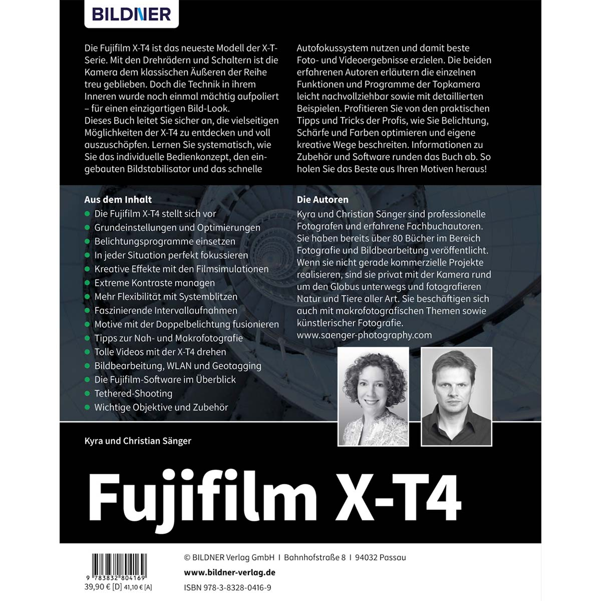Buchcover über die Fujifilm X-T4 Kamera, mit Text und Fotos der Kamera und ihrer Funktionen.