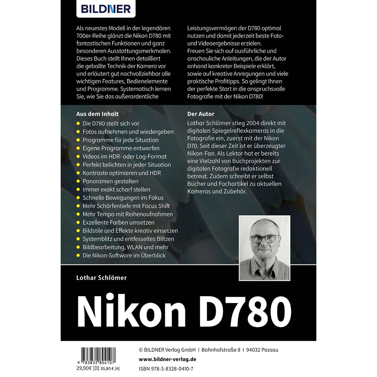 Buchcover der Nikon D780 Kamera mit Kopfschuss des Autors und Auflistung der wichtigsten Funktionen.