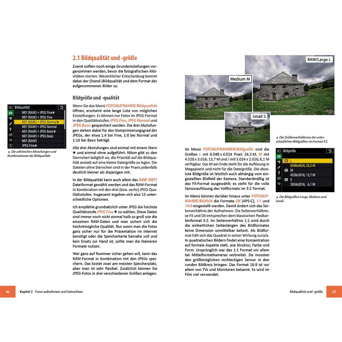 Eine Magazinseite mit Text über Bildqualität und -größe, mit Beispielfotos und Einstellungen.