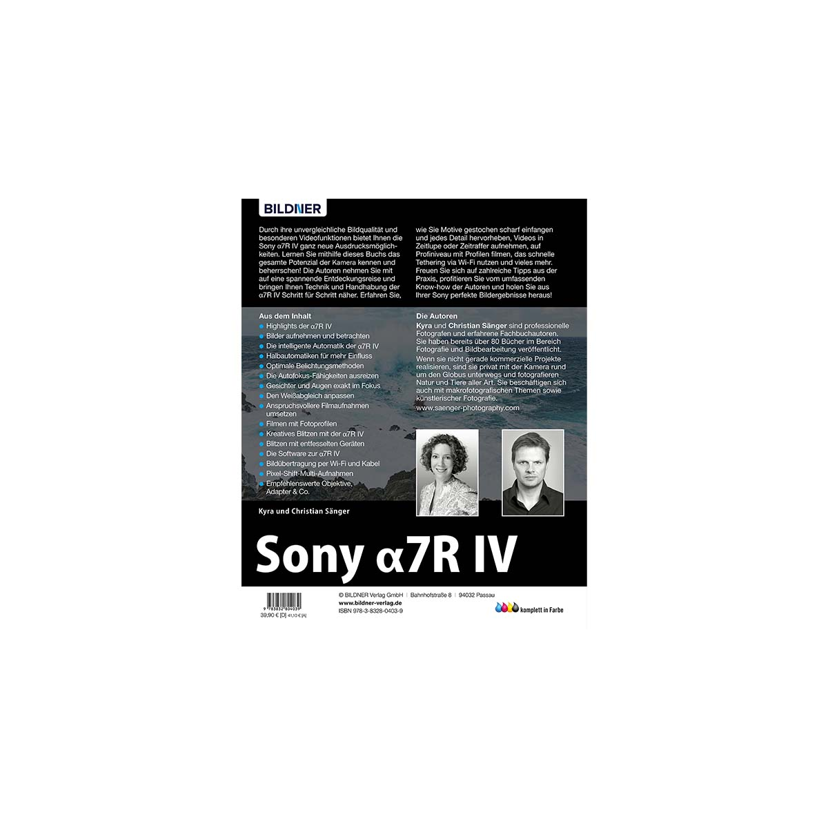Buchcover für ein Buch mit dem Titel 'Sony α7R IV'. Enthält Text, Bilder und Autoreninformationen.