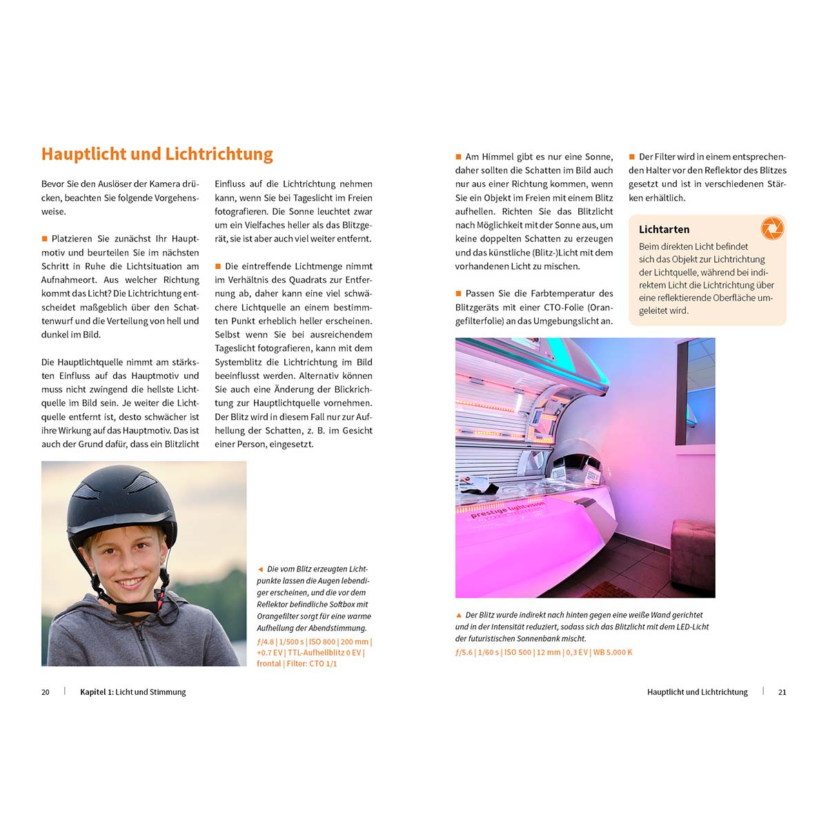 Ein Junge mit Helm lächelt. Text und Bilder beschreiben Licht und Beleuchtung.